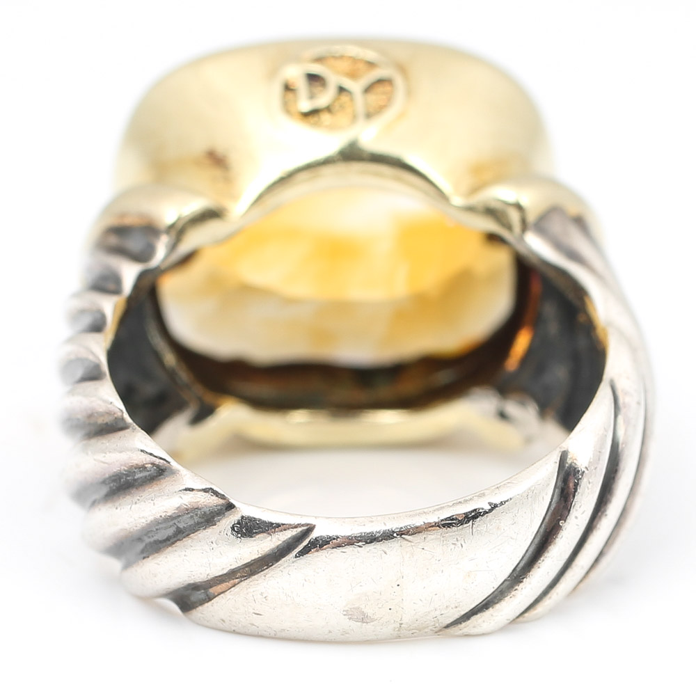 Sterling Silver David Yurman Citrine Ring with a 14K Yellow Gold Frame