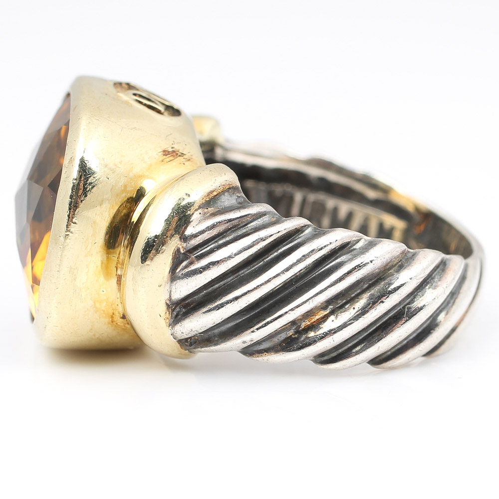 Sterling Silver David Yurman Citrine Ring with a 14K Yellow Gold Frame