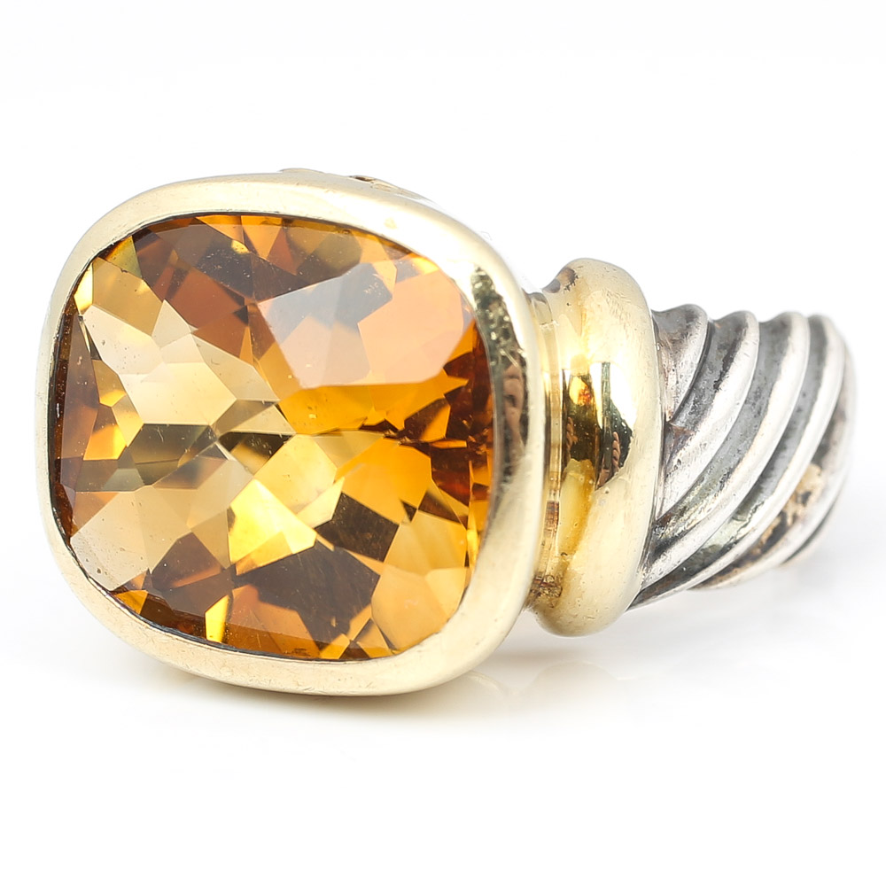 Sterling Silver David Yurman Citrine Ring with a 14K Yellow Gold Frame