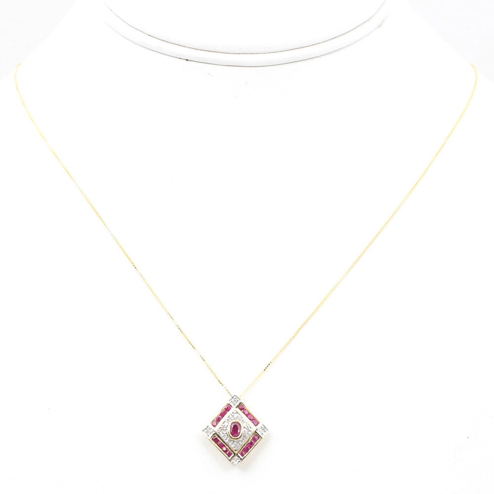 14K Yellow Gold Ruby and Diamond Pendant Necklace