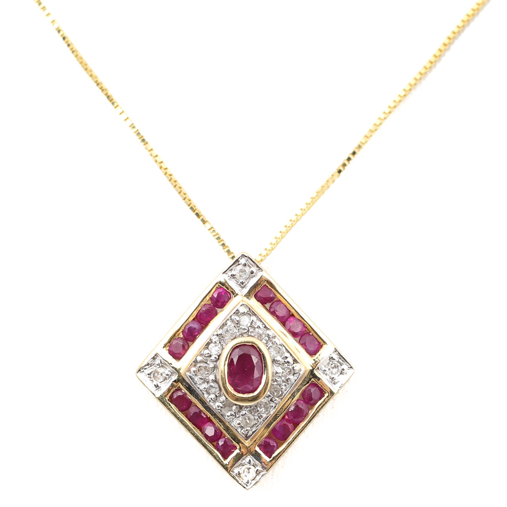 14K Yellow Gold Ruby and Diamond Pendant Necklace