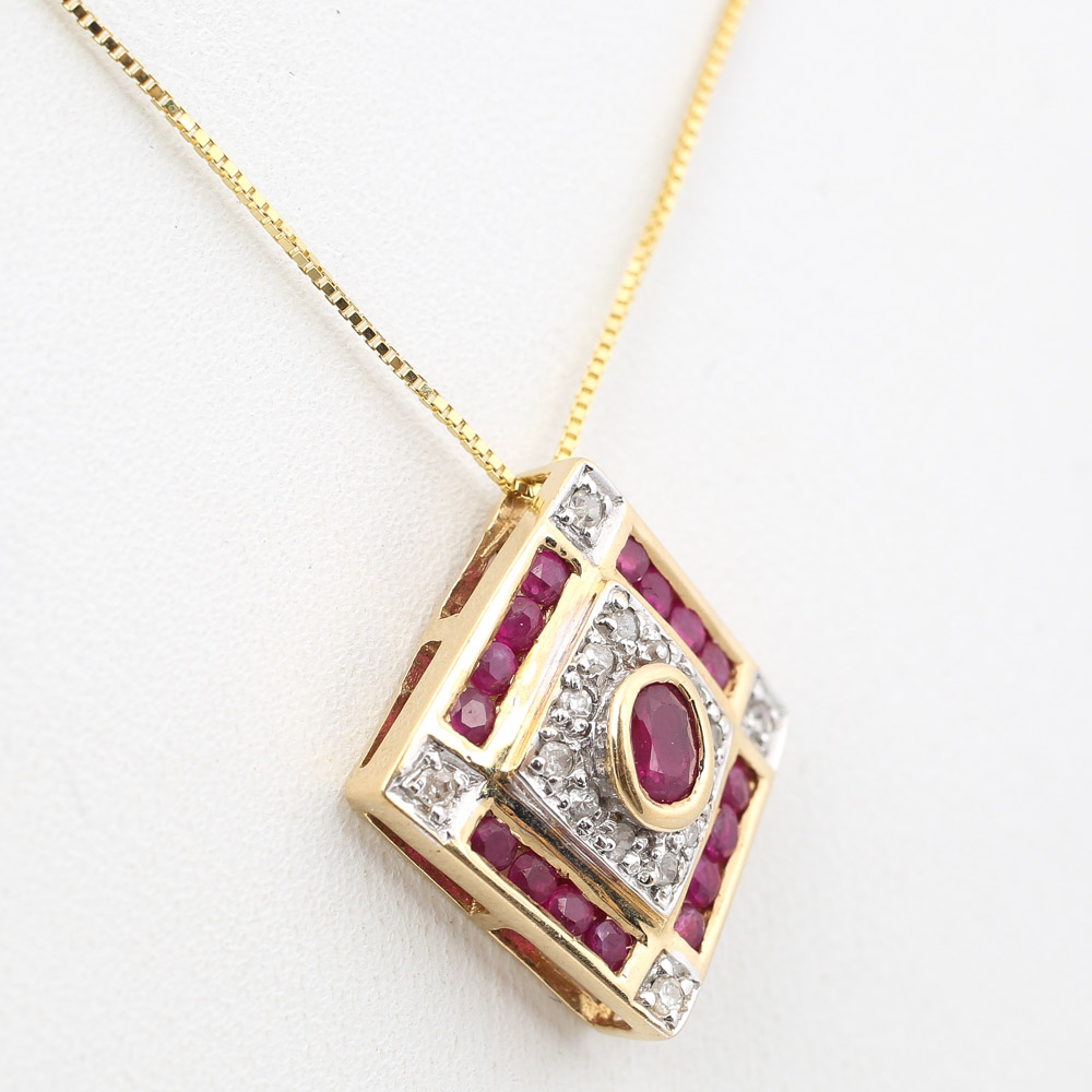 14K Yellow Gold Ruby and Diamond Pendant Necklace