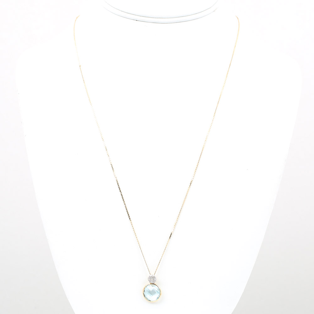18K Yellow Gold Blue Topaz and Diamond Pendant on a 14K Yellow Gold Chain