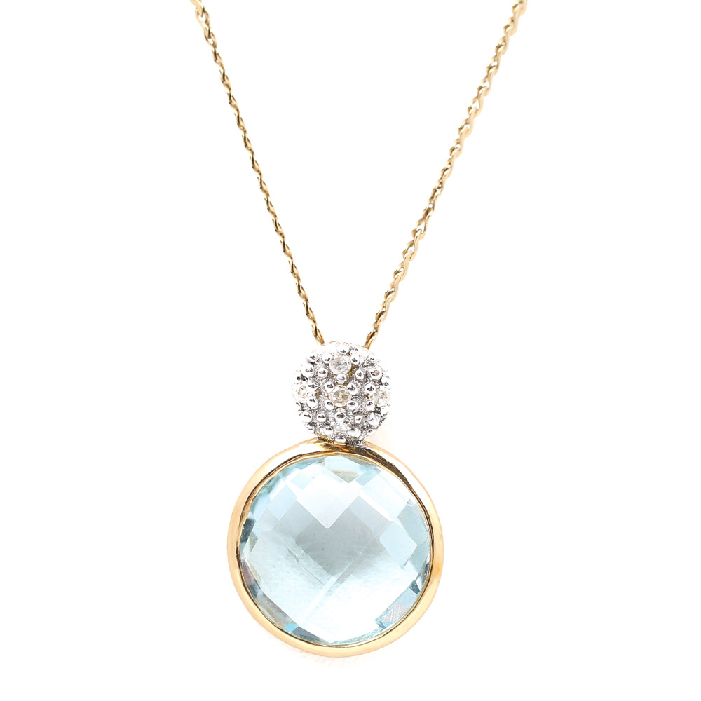 18K Yellow Gold Blue Topaz and Diamond Pendant on a 14K Yellow Gold Chain