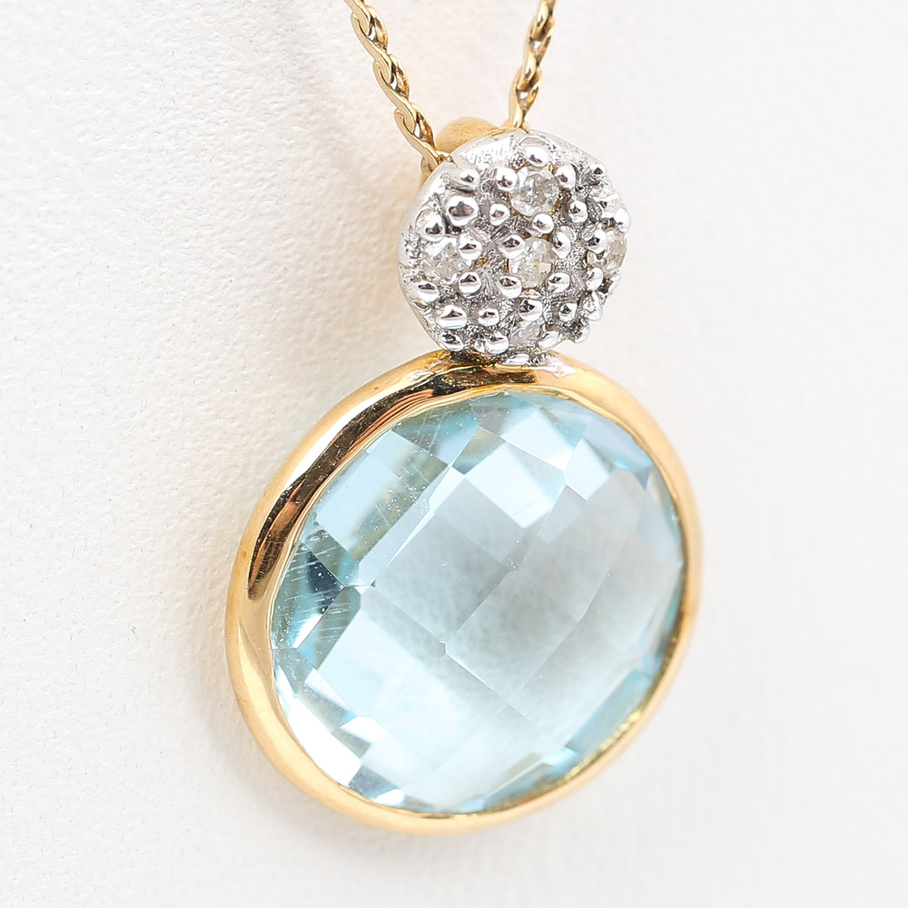 18K Yellow Gold Blue Topaz and Diamond Pendant on a 14K Yellow Gold Chain