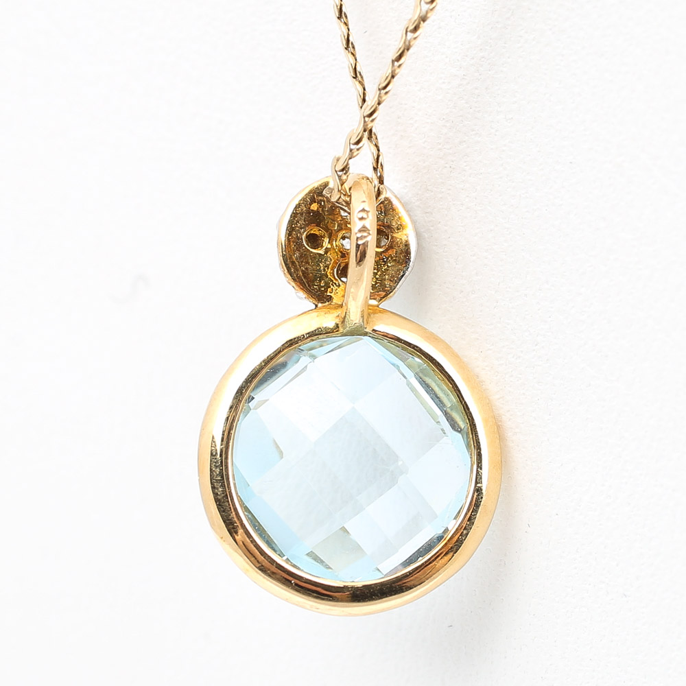 18K Yellow Gold Blue Topaz and Diamond Pendant on a 14K Yellow Gold Chain