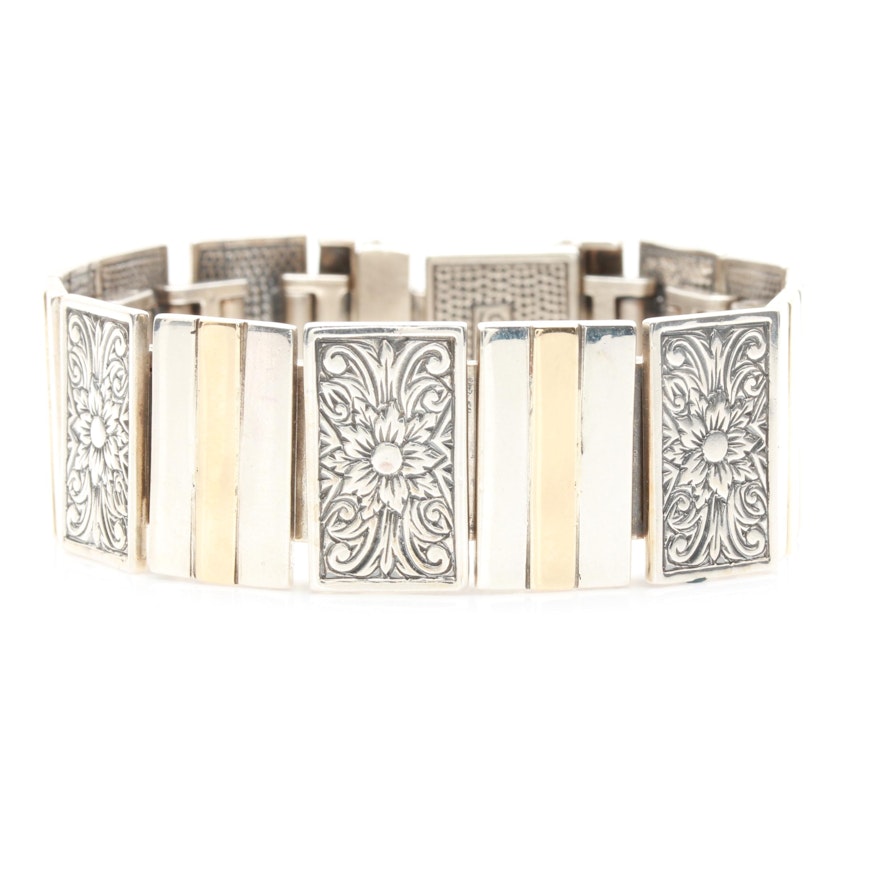 Sterling Silver Floral Fancy Link Bracelet with 14K Gold Accents