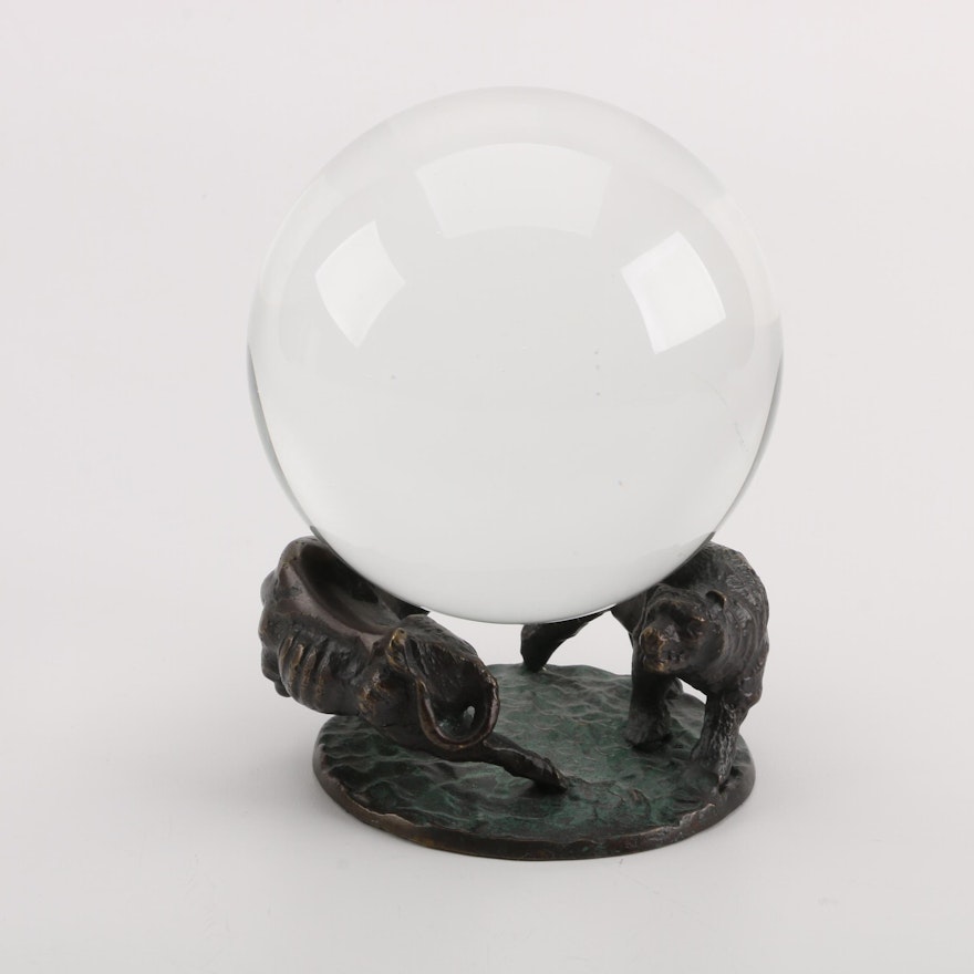 Financial Crystal Ball with Bronze Bull and Bear Stand