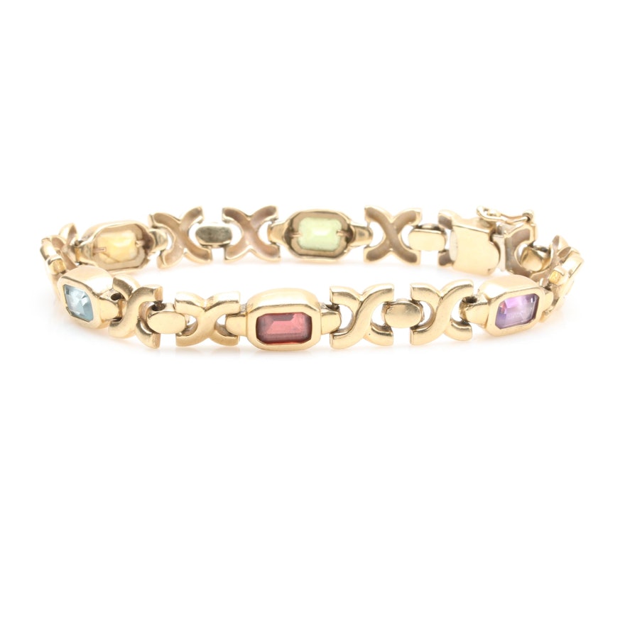 14K Yellow Gold Peridot, Citrine, Blue Topaz, and Gemstone Bracelet