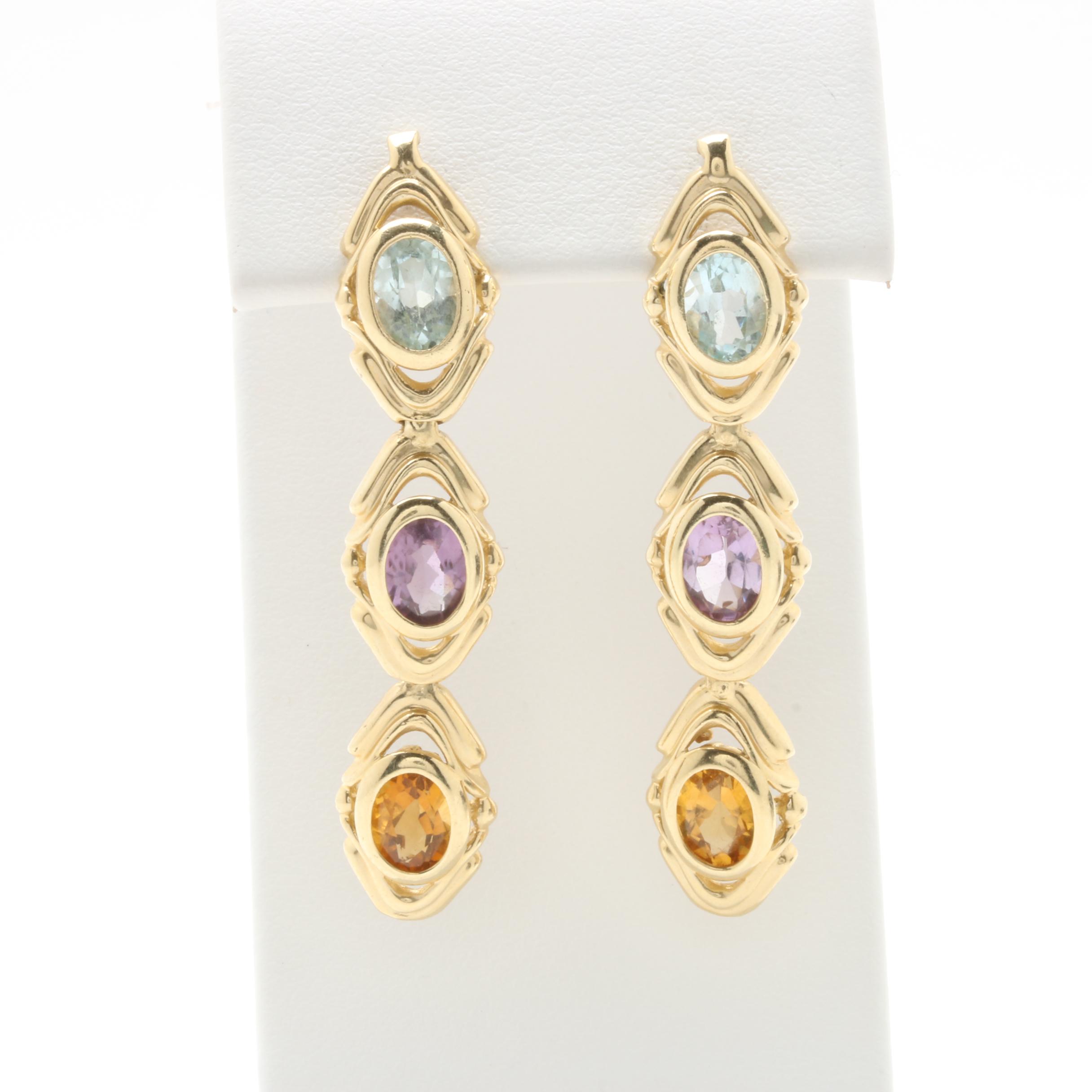 14K Yellow Gold Citrine, Amethyst and Blue Topaz Earrings