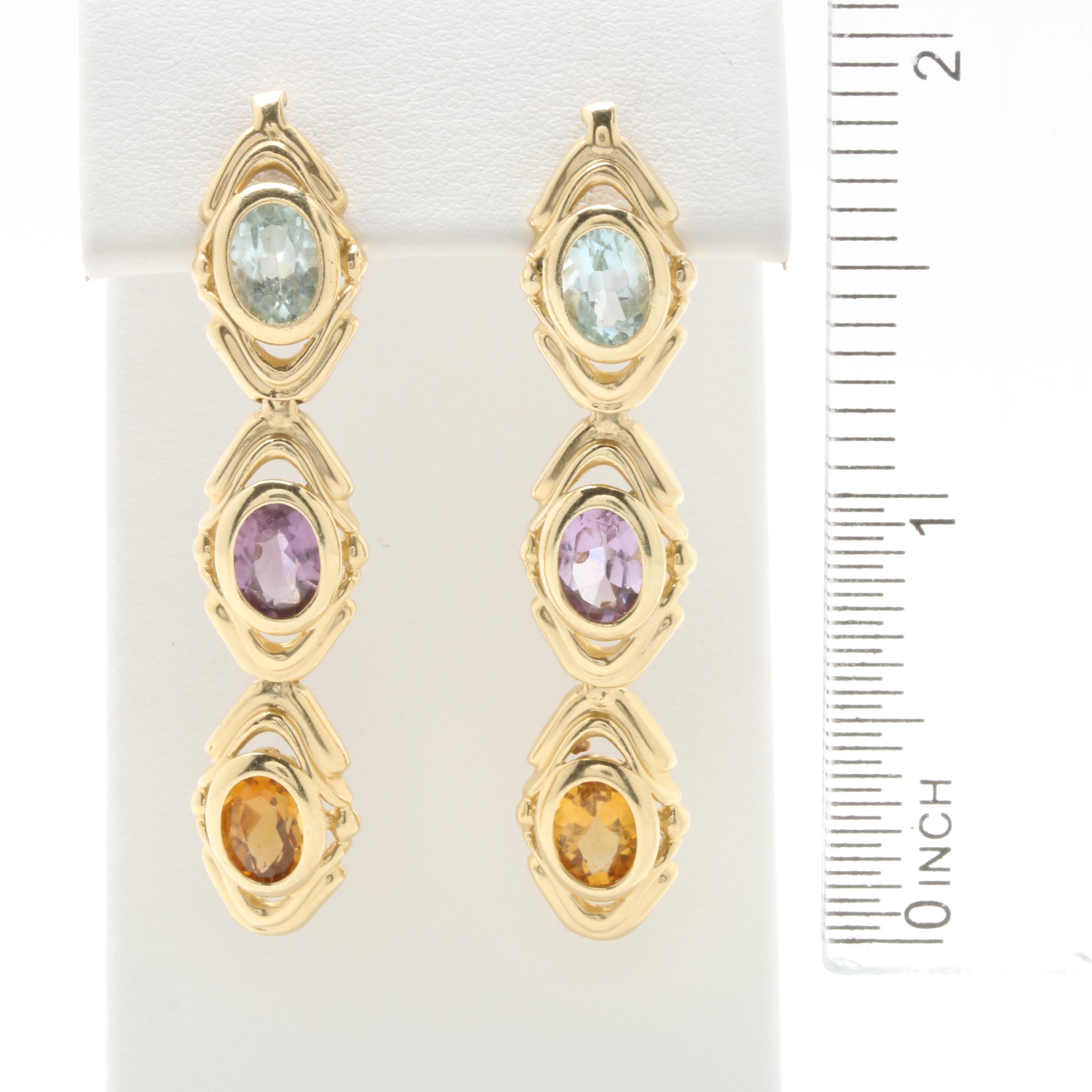 14K Yellow Gold Citrine, Amethyst and Blue Topaz Earrings