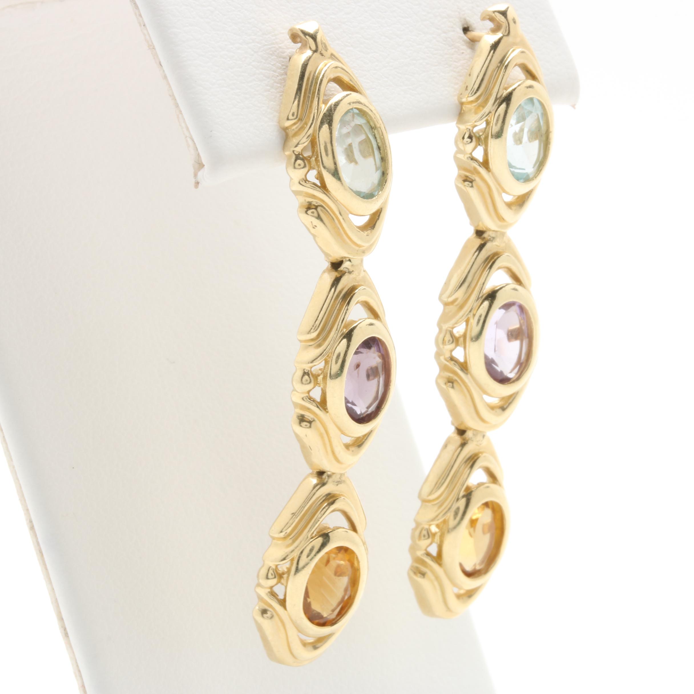 14K Yellow Gold Citrine, Amethyst and Blue Topaz Earrings