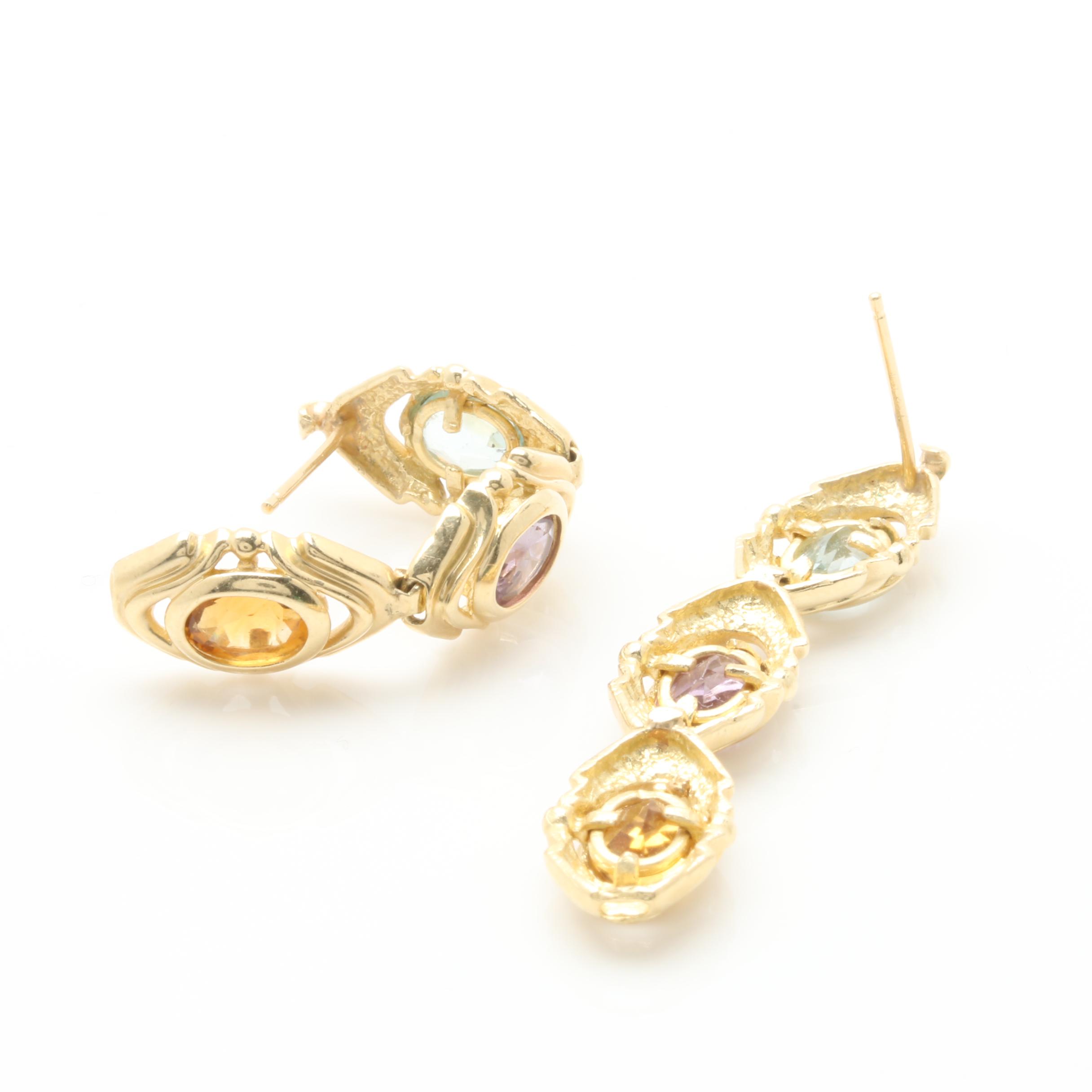 14K Yellow Gold Citrine, Amethyst and Blue Topaz Earrings
