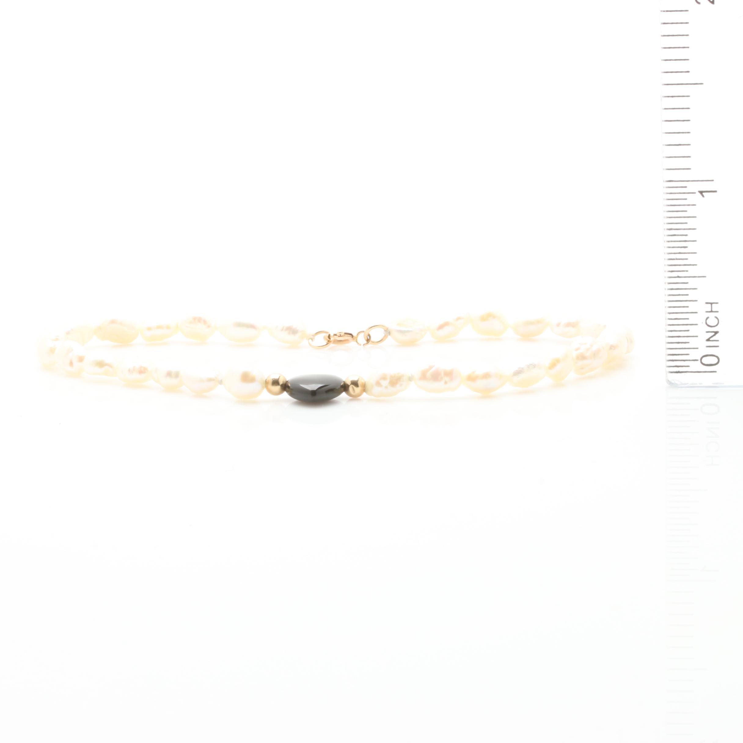 14K Yellow Gold Black Onyx and Cultured Freshwater Pearl Beaded Bracelet
