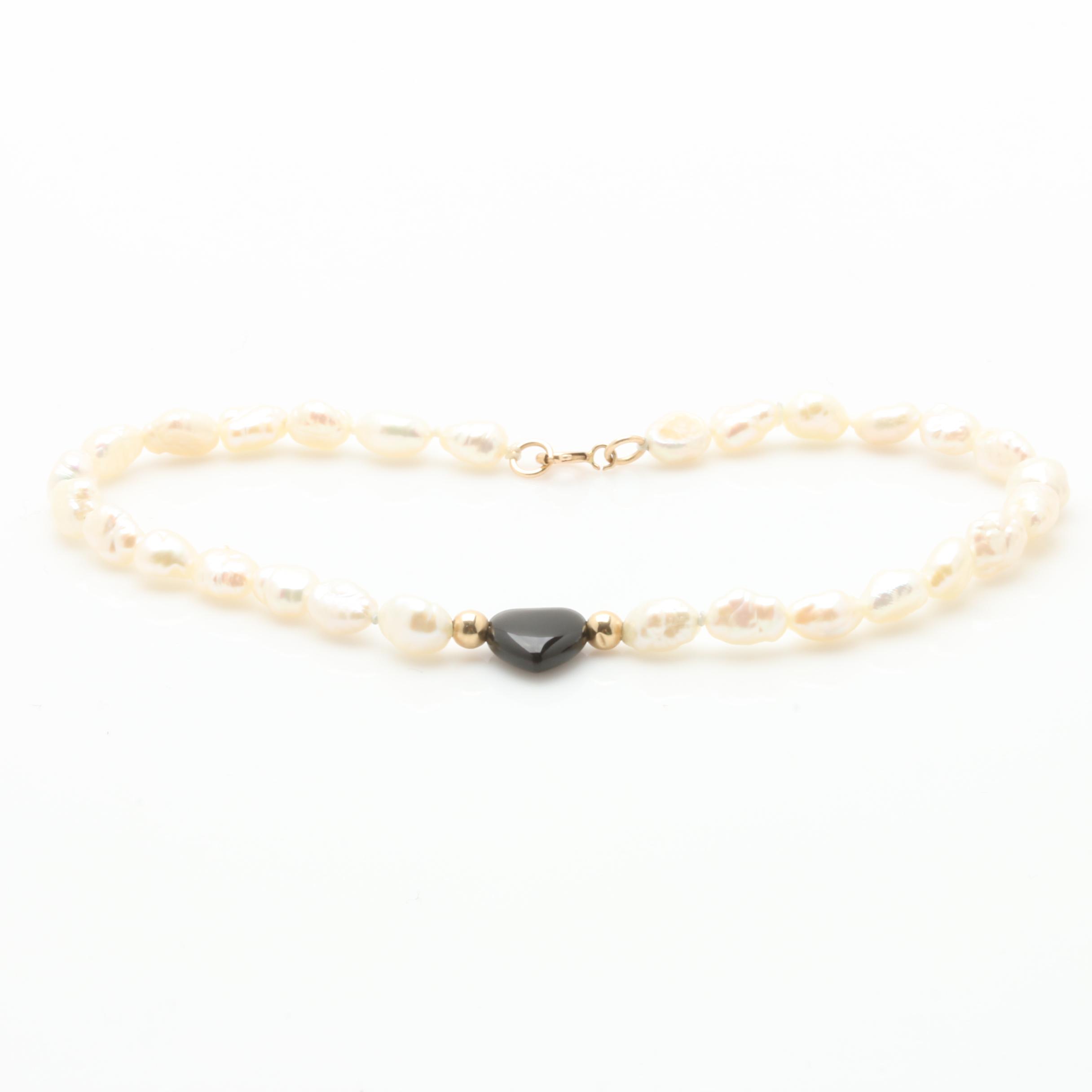 14K Yellow Gold Black Onyx and Cultured Freshwater Pearl Beaded Bracelet