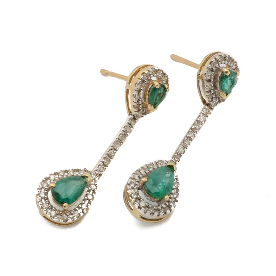 14K Yellow Gold Emerald and Diamond Earrings