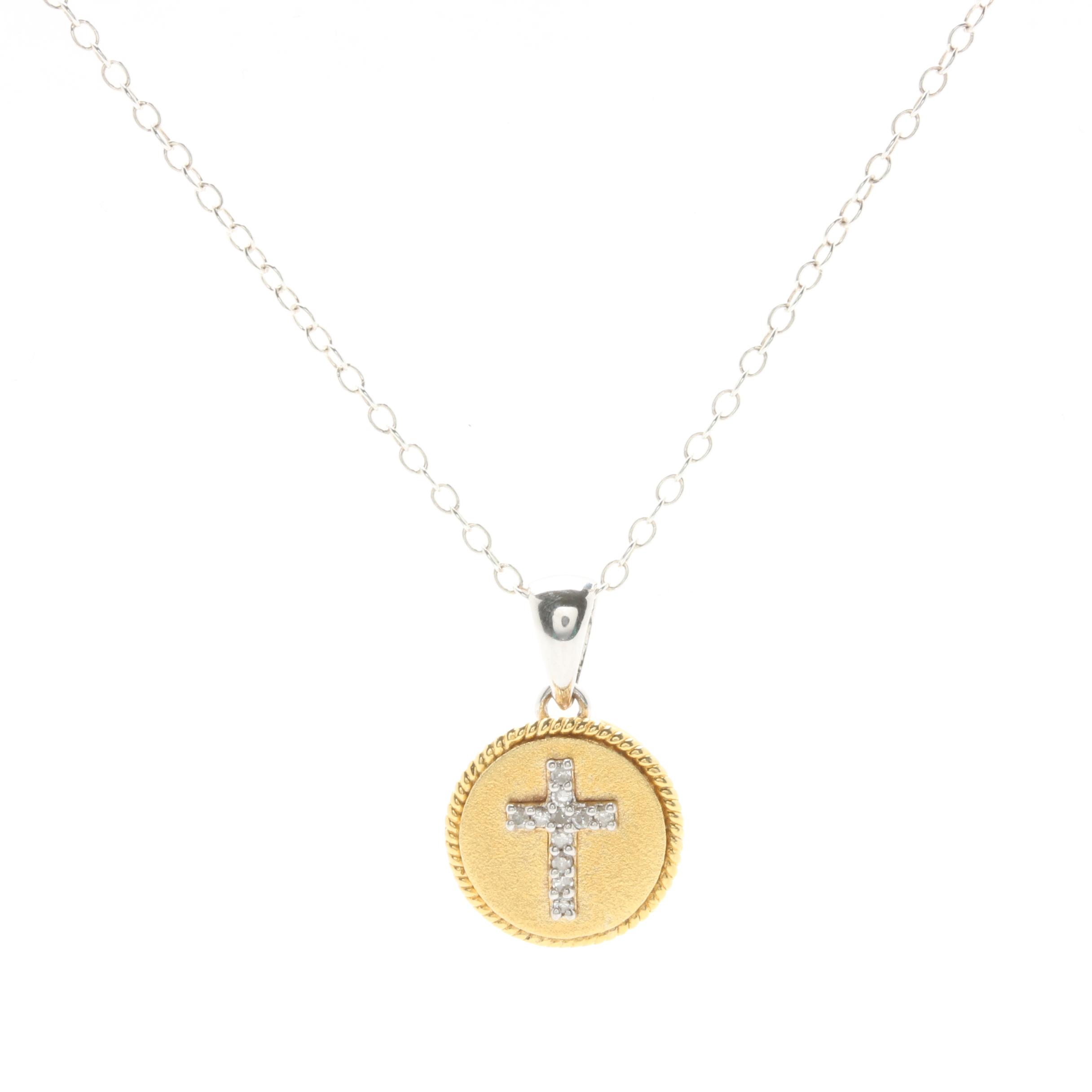 Gold Wash on Sterling Silver Diamond Cross Circle Pendant Necklace
