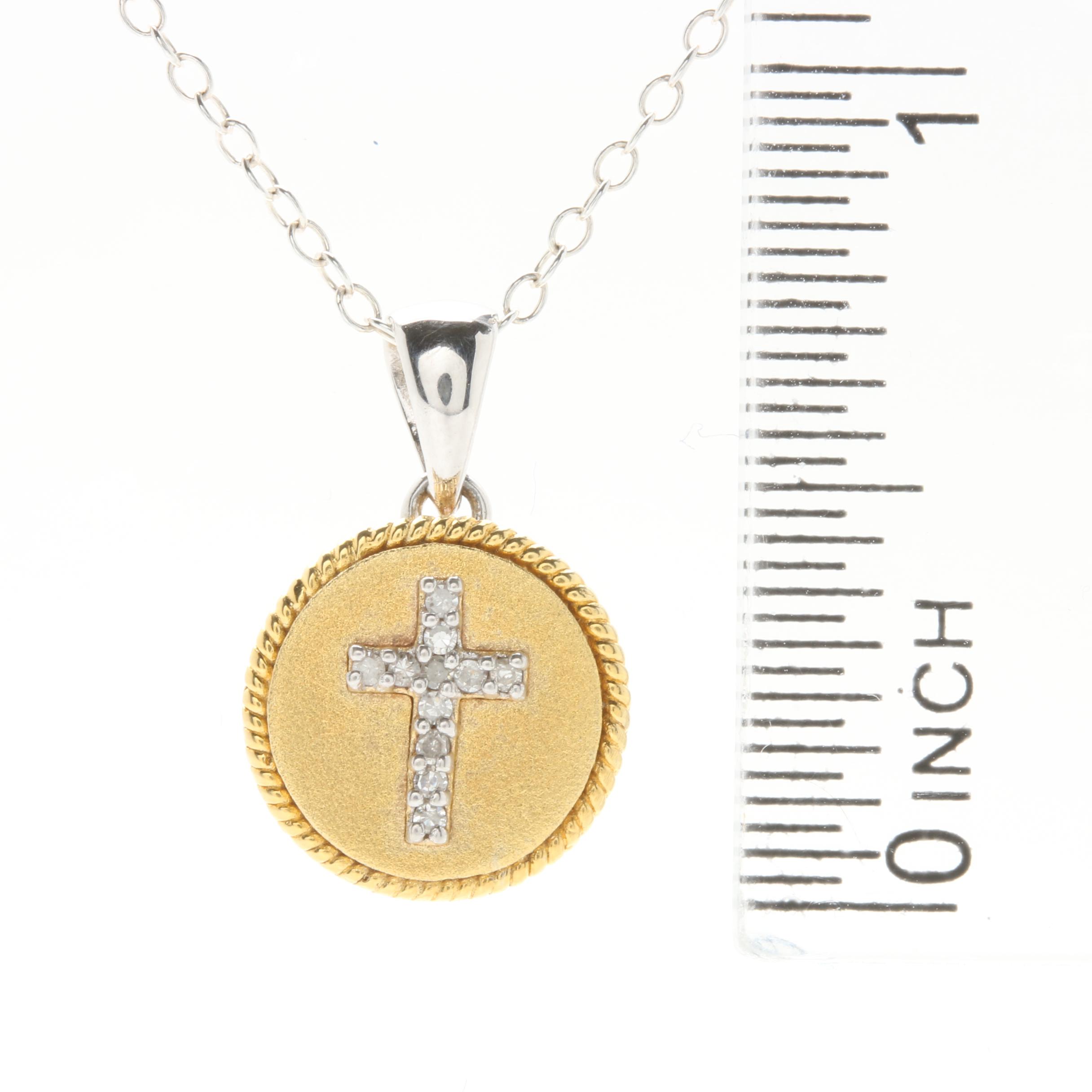 Gold Wash on Sterling Silver Diamond Cross Circle Pendant Necklace