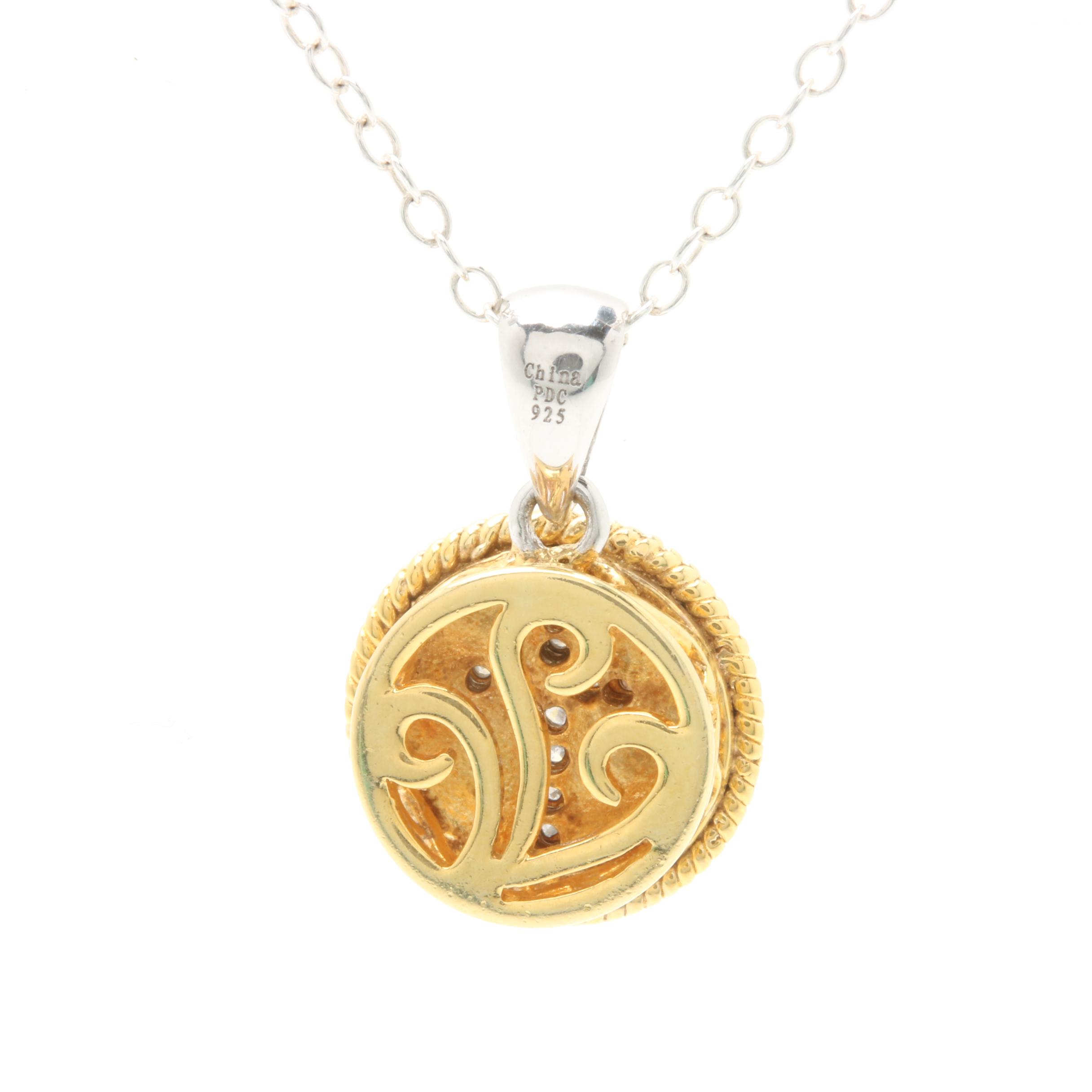 Gold Wash on Sterling Silver Diamond Cross Circle Pendant Necklace