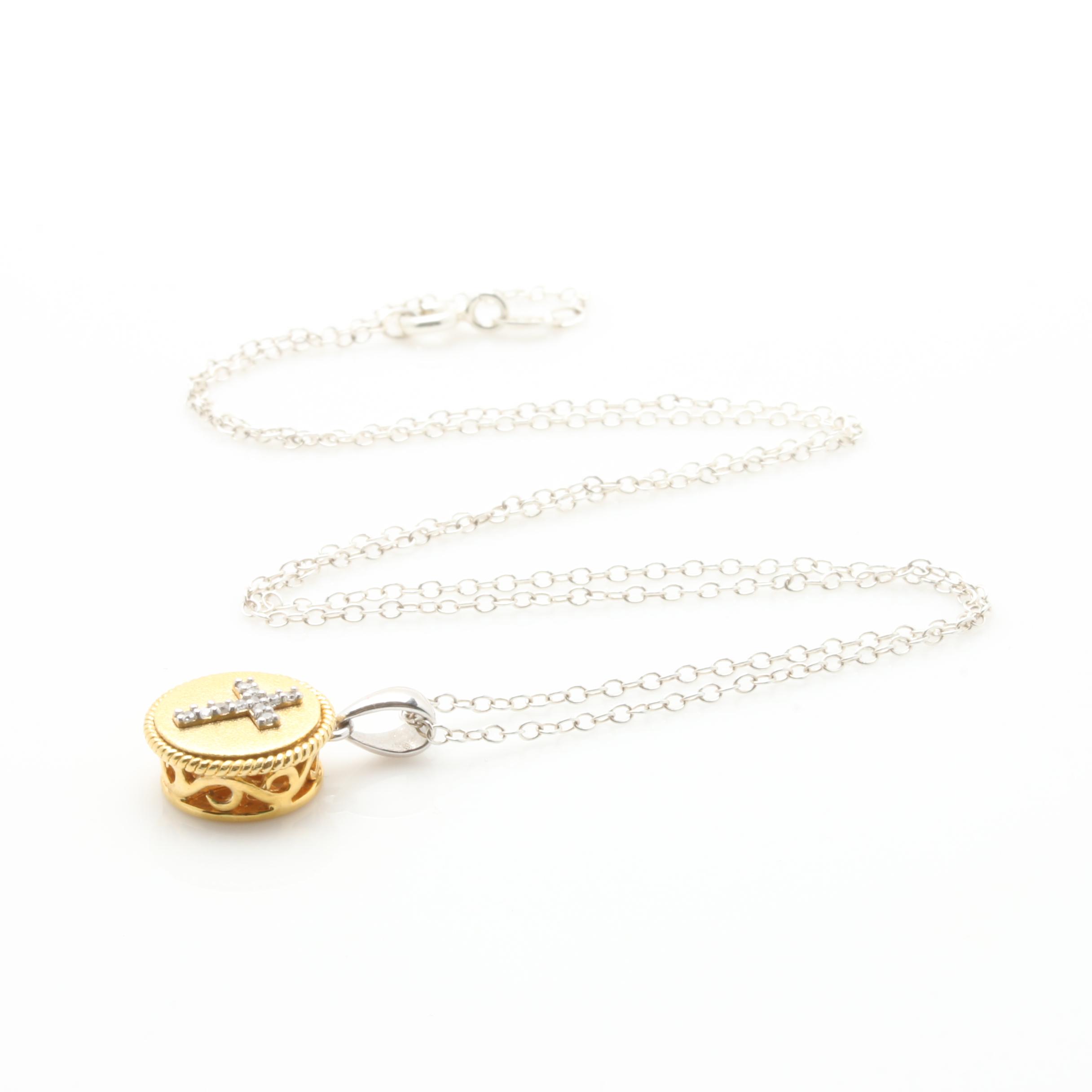 Gold Wash on Sterling Silver Diamond Cross Circle Pendant Necklace
