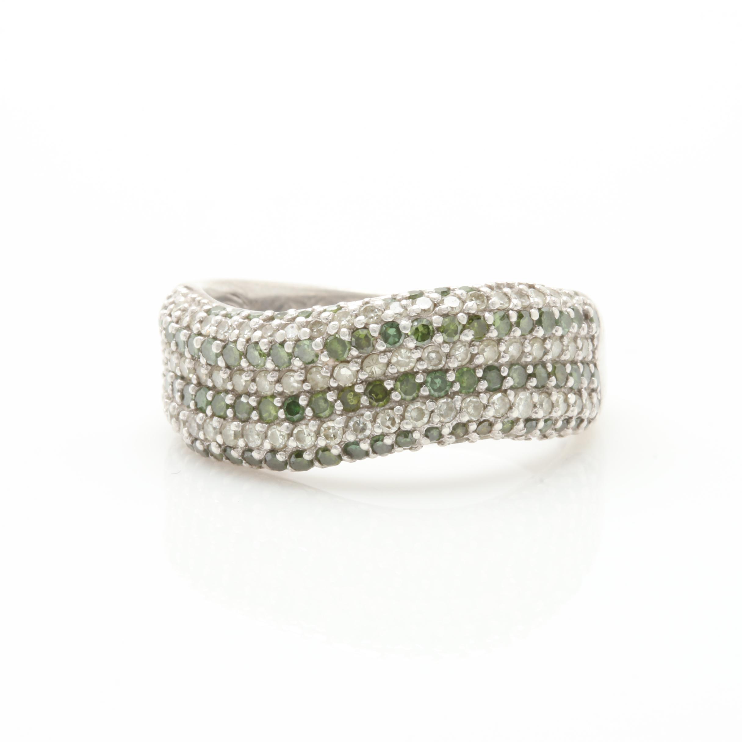 Sterling Silver Green Diamond Ring with Diamond Accents