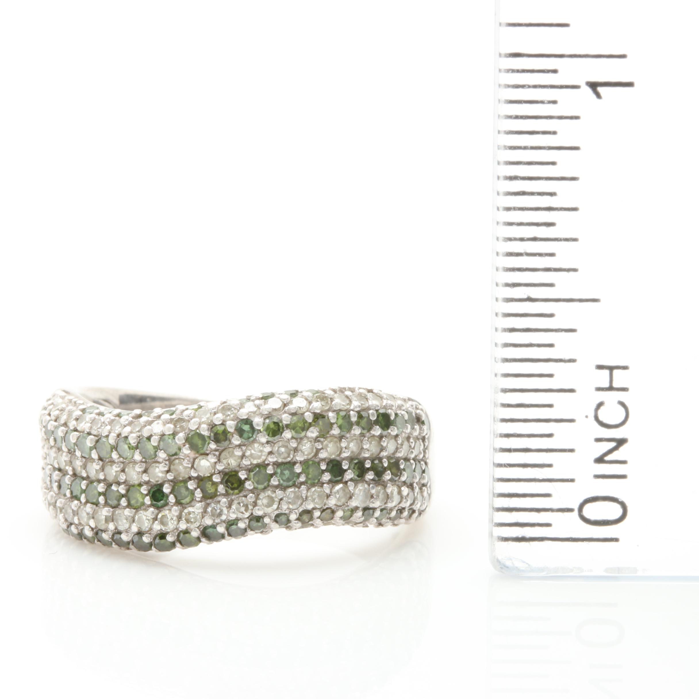 Sterling Silver Green Diamond Ring with Diamond Accents