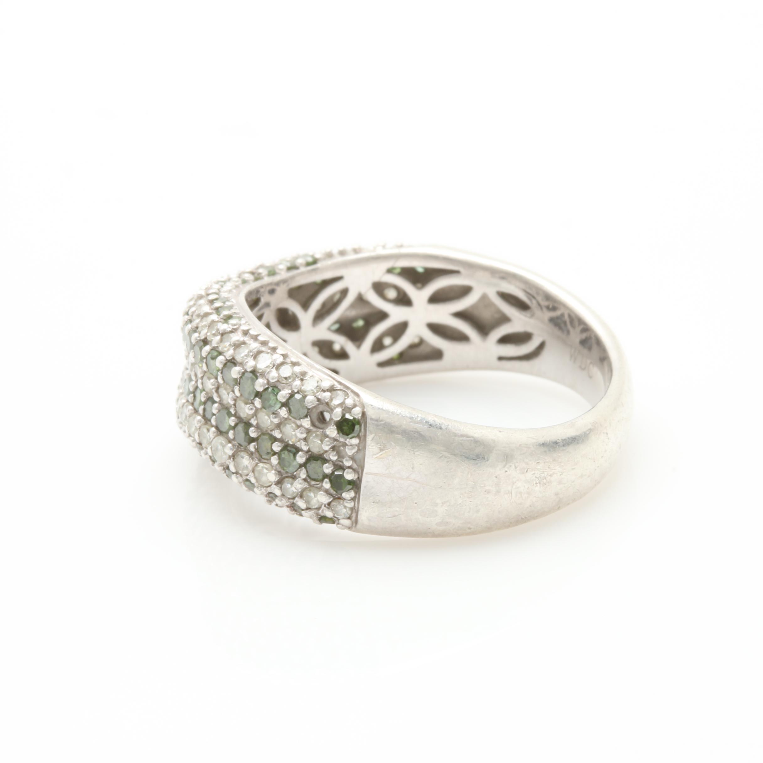 Sterling Silver Green Diamond Ring with Diamond Accents