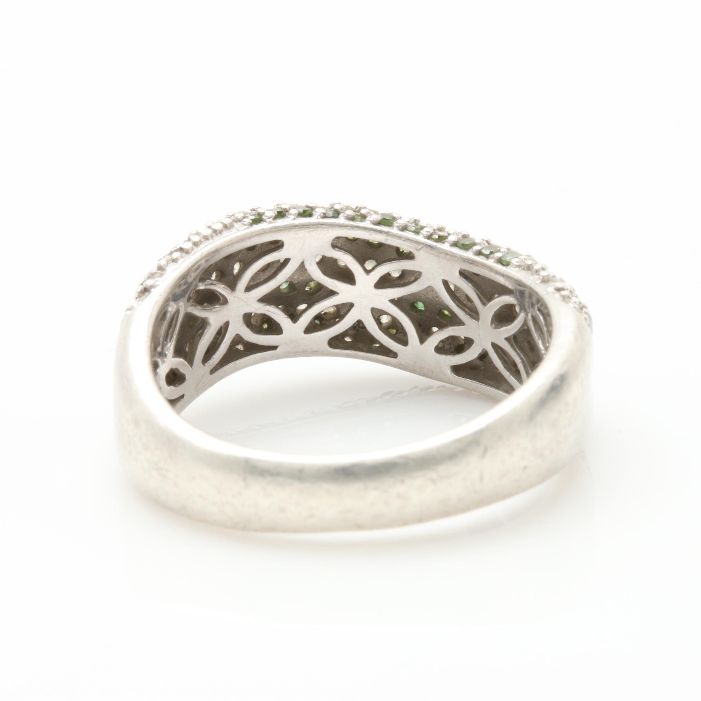 Sterling Silver Green Diamond Ring with Diamond Accents