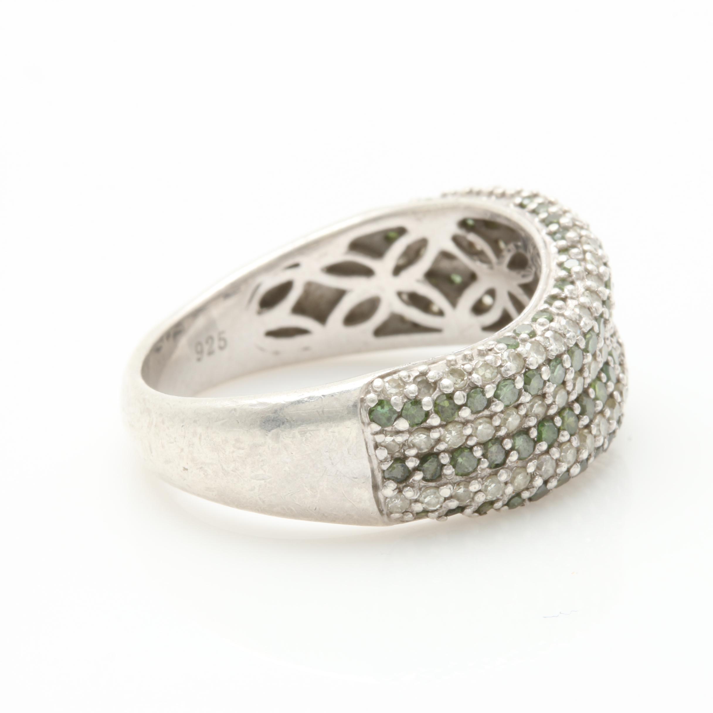 Sterling Silver Green Diamond Ring with Diamond Accents