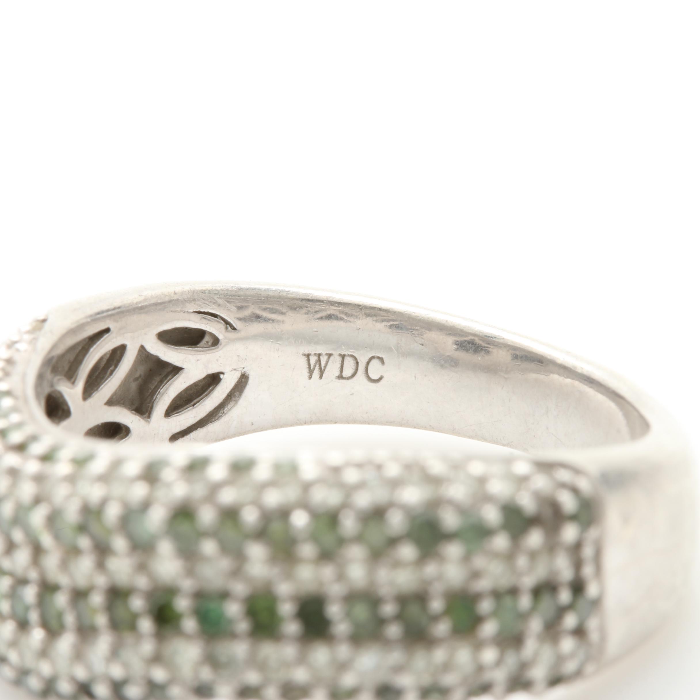 Sterling Silver Green Diamond Ring with Diamond Accents