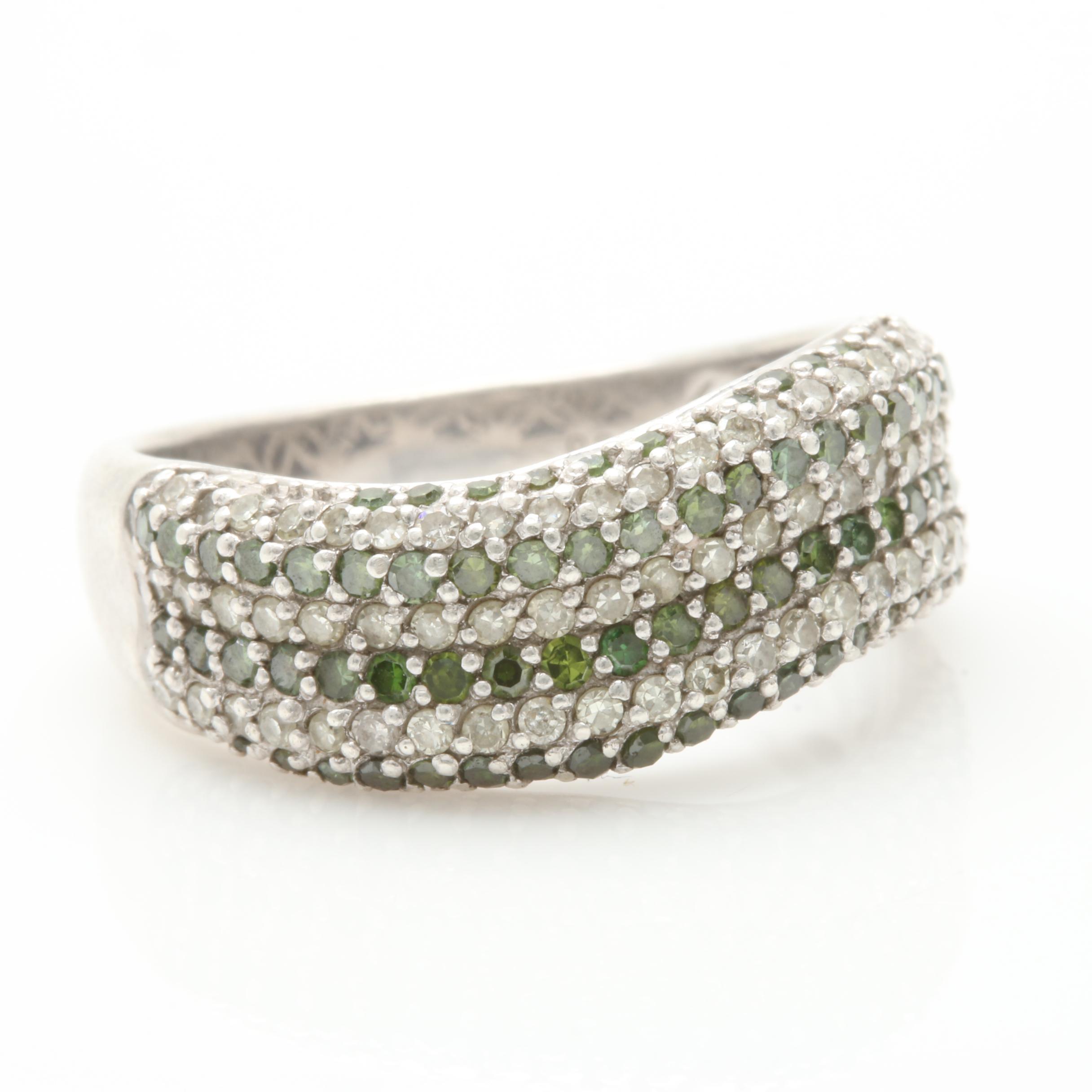 Sterling Silver Green Diamond Ring with Diamond Accents