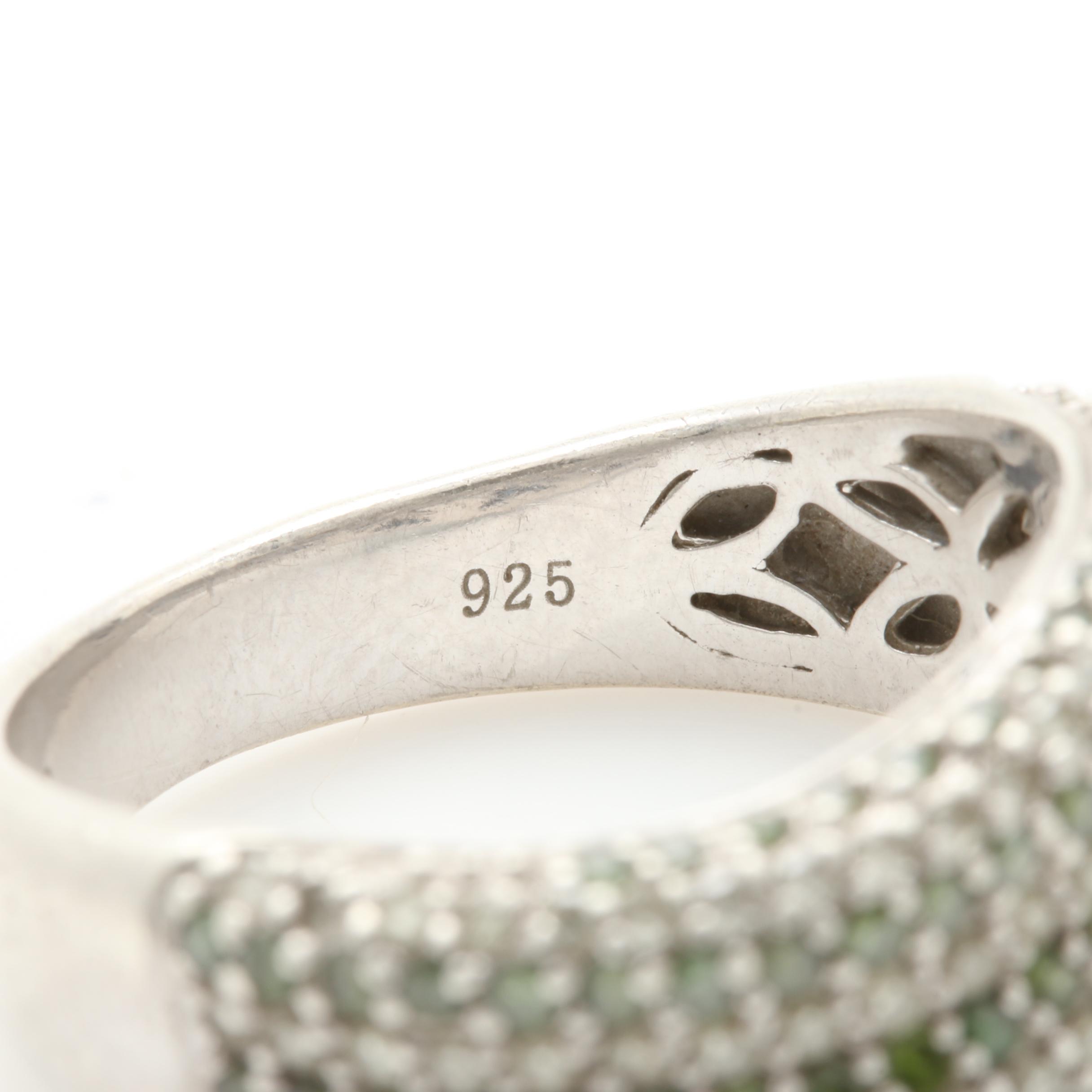 Sterling Silver Green Diamond Ring with Diamond Accents