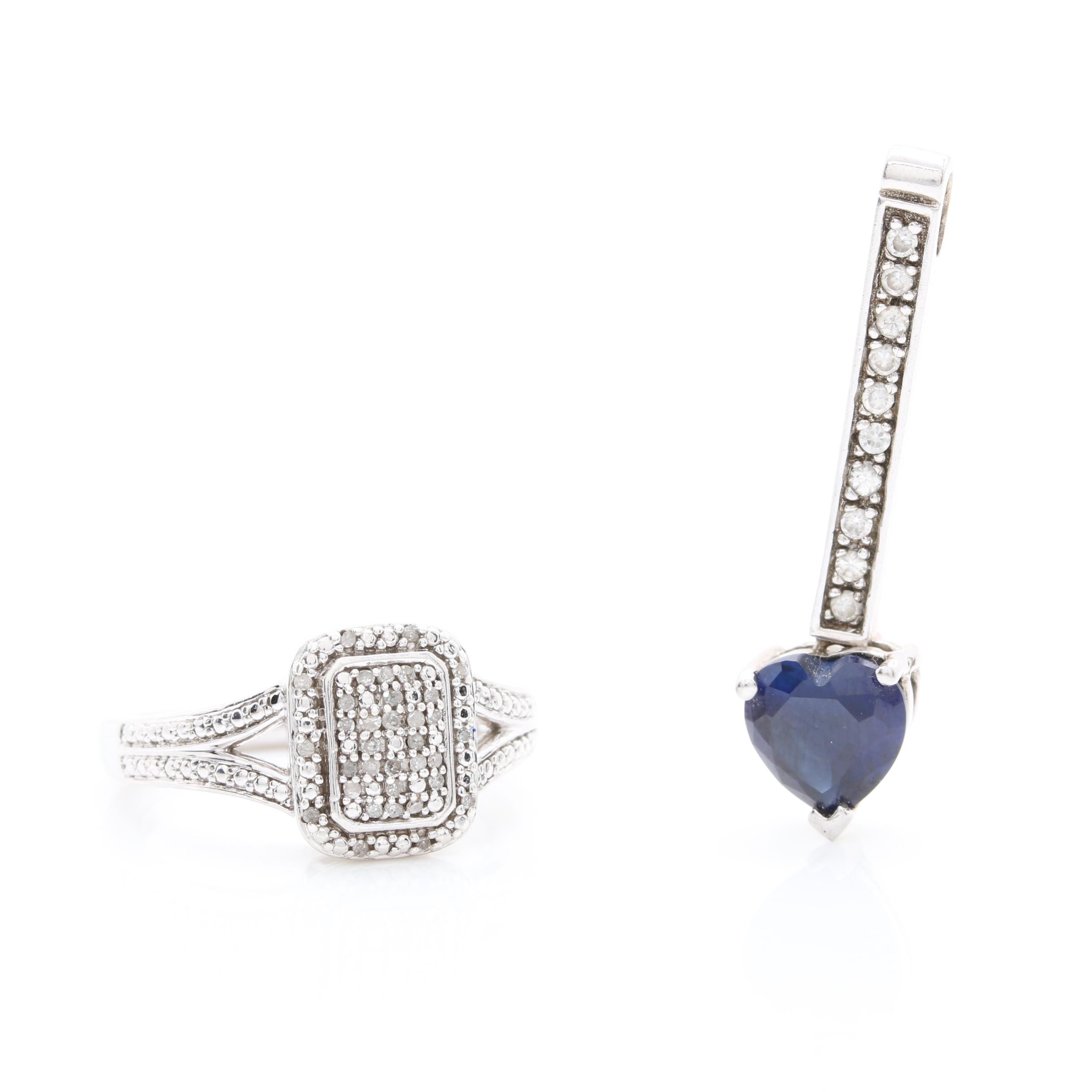 Sterling Silver Synthetic Sapphire and Cubic Zirconia Pendant and Diamond Ring