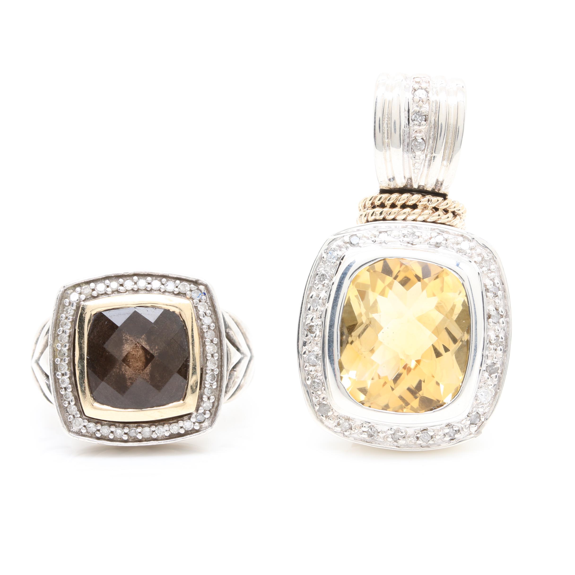Sterling Silver Citrine Pendant and Smoky Quartz Ring with Diamond Accents