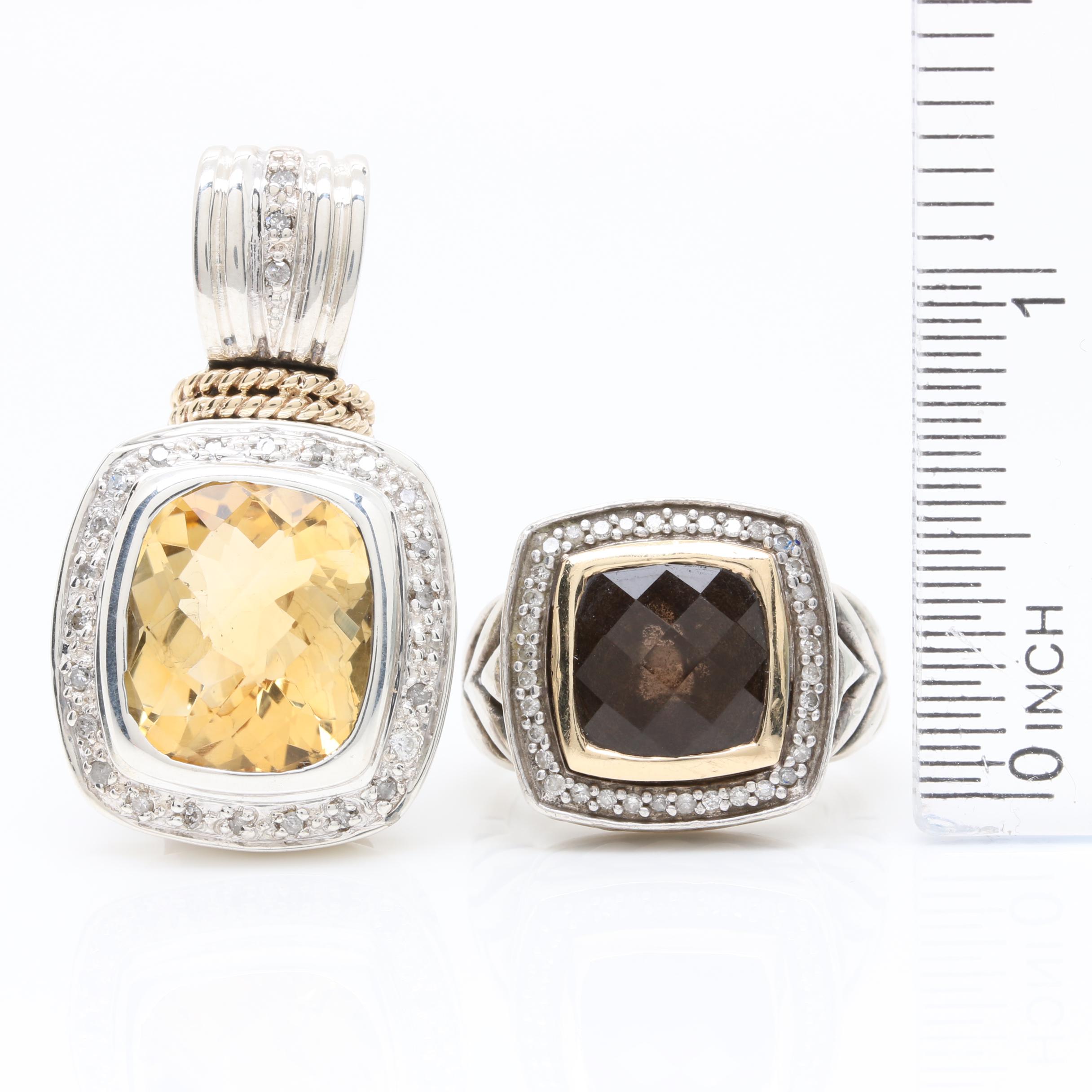 Sterling Silver Citrine Pendant and Smoky Quartz Ring with Diamond Accents