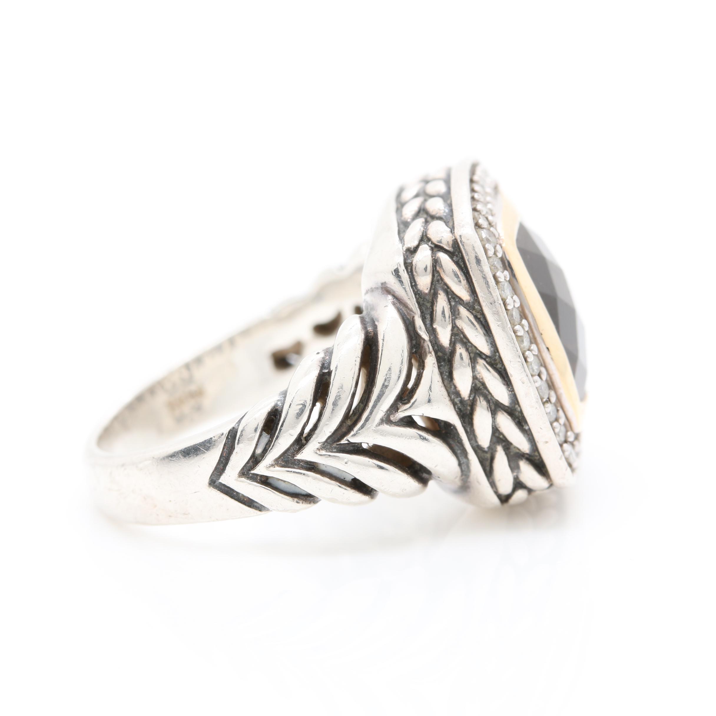 Sterling Silver Citrine Pendant and Smoky Quartz Ring with Diamond Accents