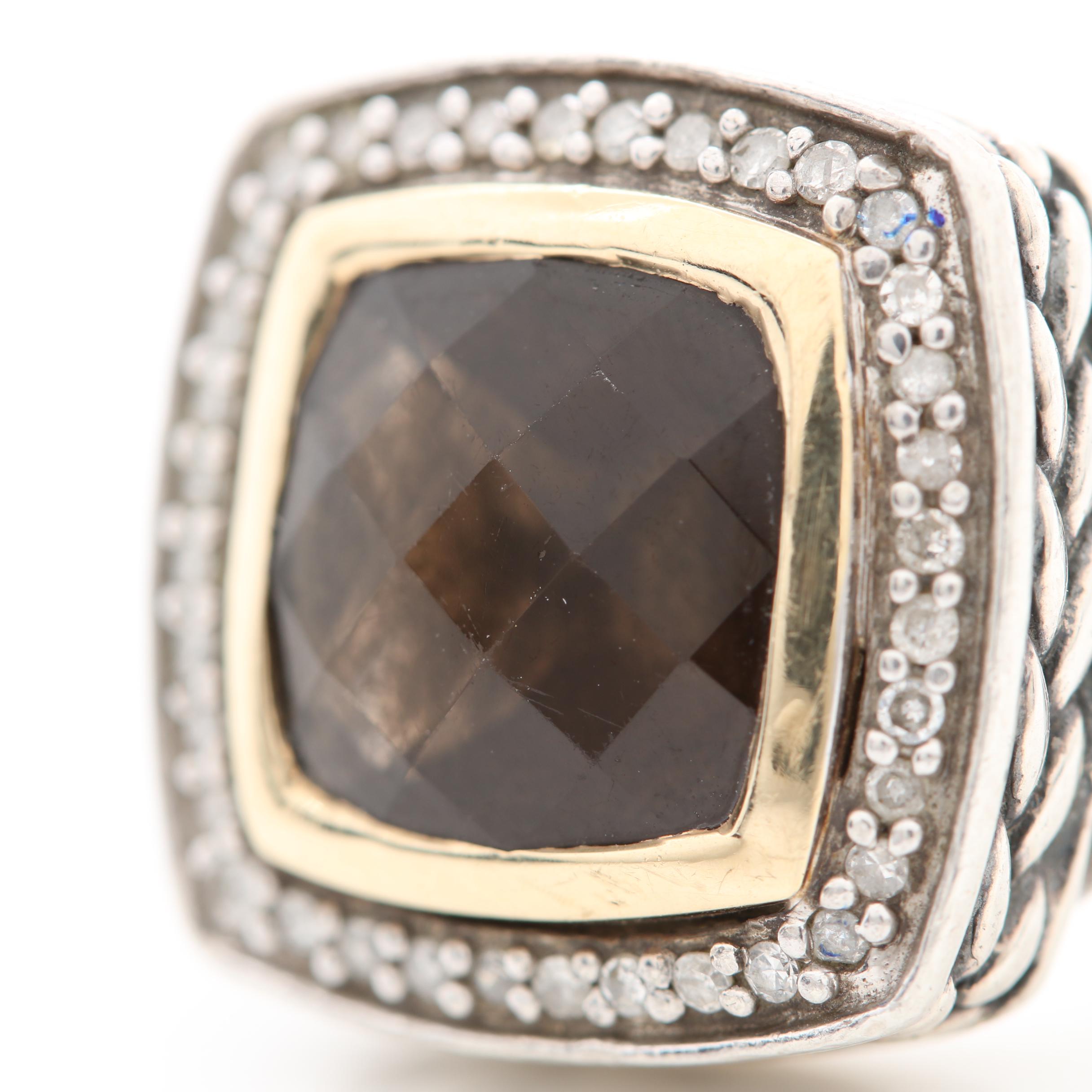 Sterling Silver Citrine Pendant and Smoky Quartz Ring with Diamond Accents