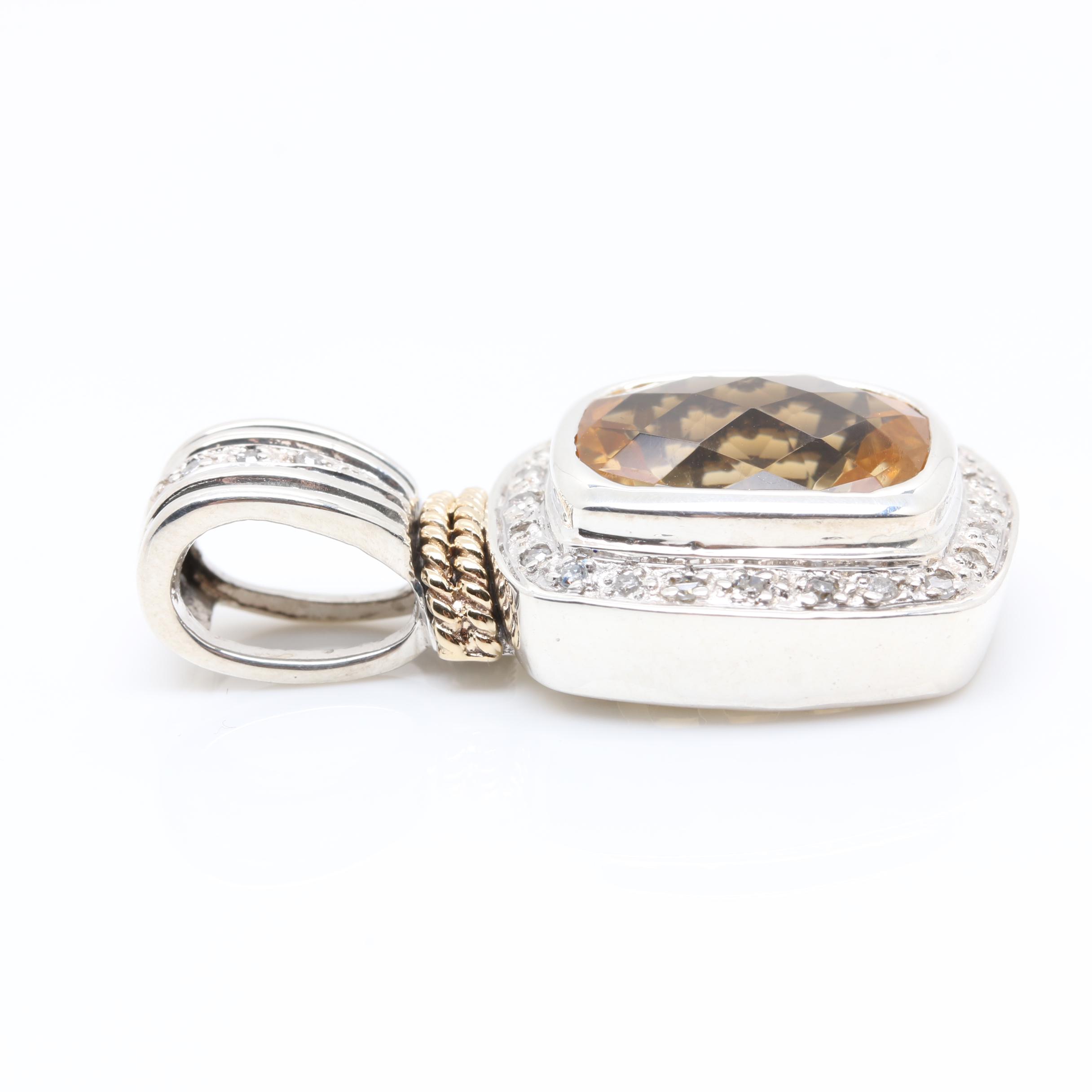 Sterling Silver Citrine Pendant and Smoky Quartz Ring with Diamond Accents