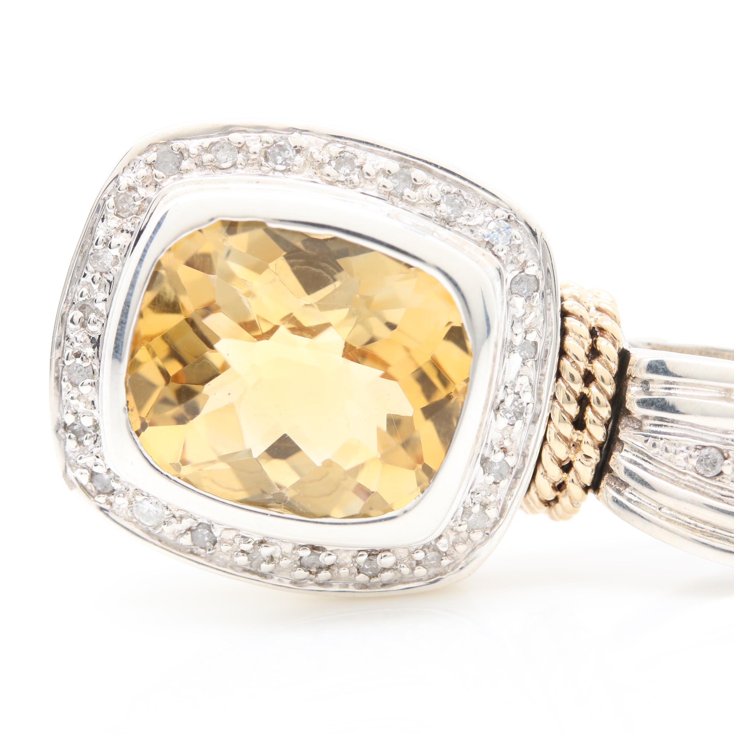Sterling Silver Citrine Pendant and Smoky Quartz Ring with Diamond Accents