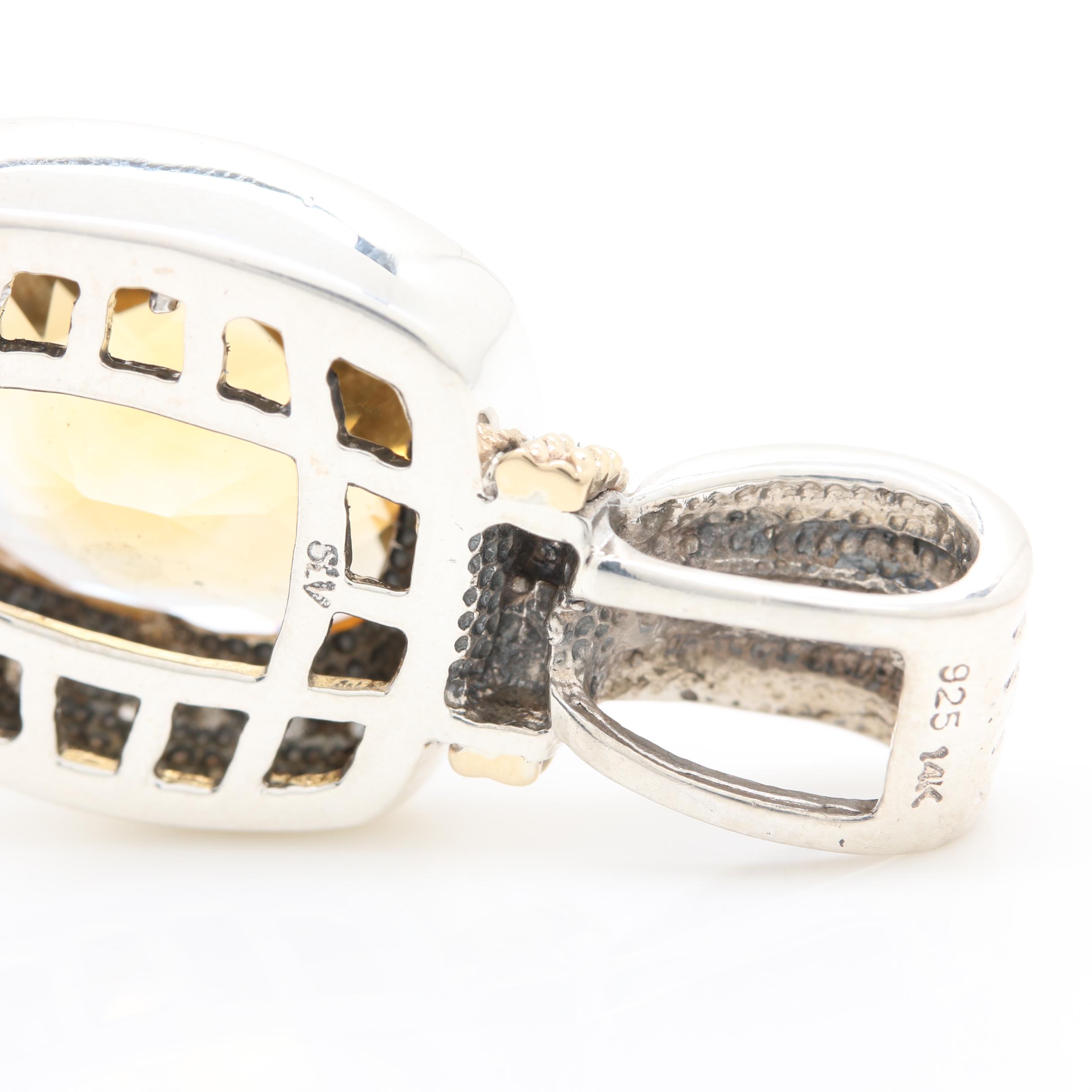 Sterling Silver Citrine Pendant and Smoky Quartz Ring with Diamond Accents