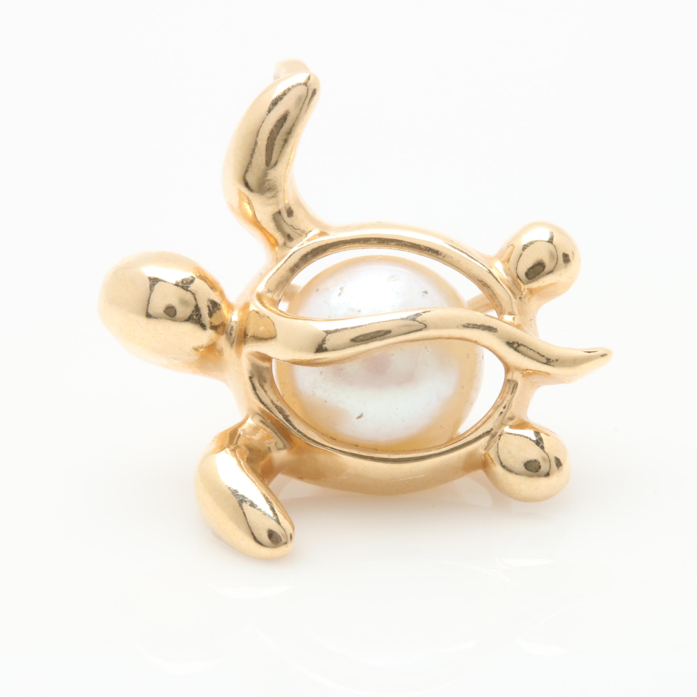 14K Yellow Gold Cultured Pearl Sea Turtle Slide Pendant