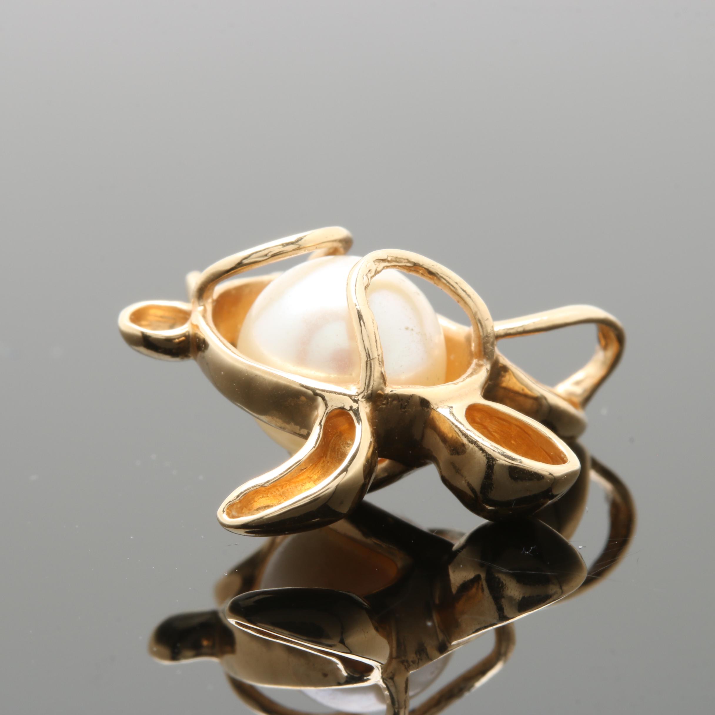 14K Yellow Gold Cultured Pearl Sea Turtle Slide Pendant