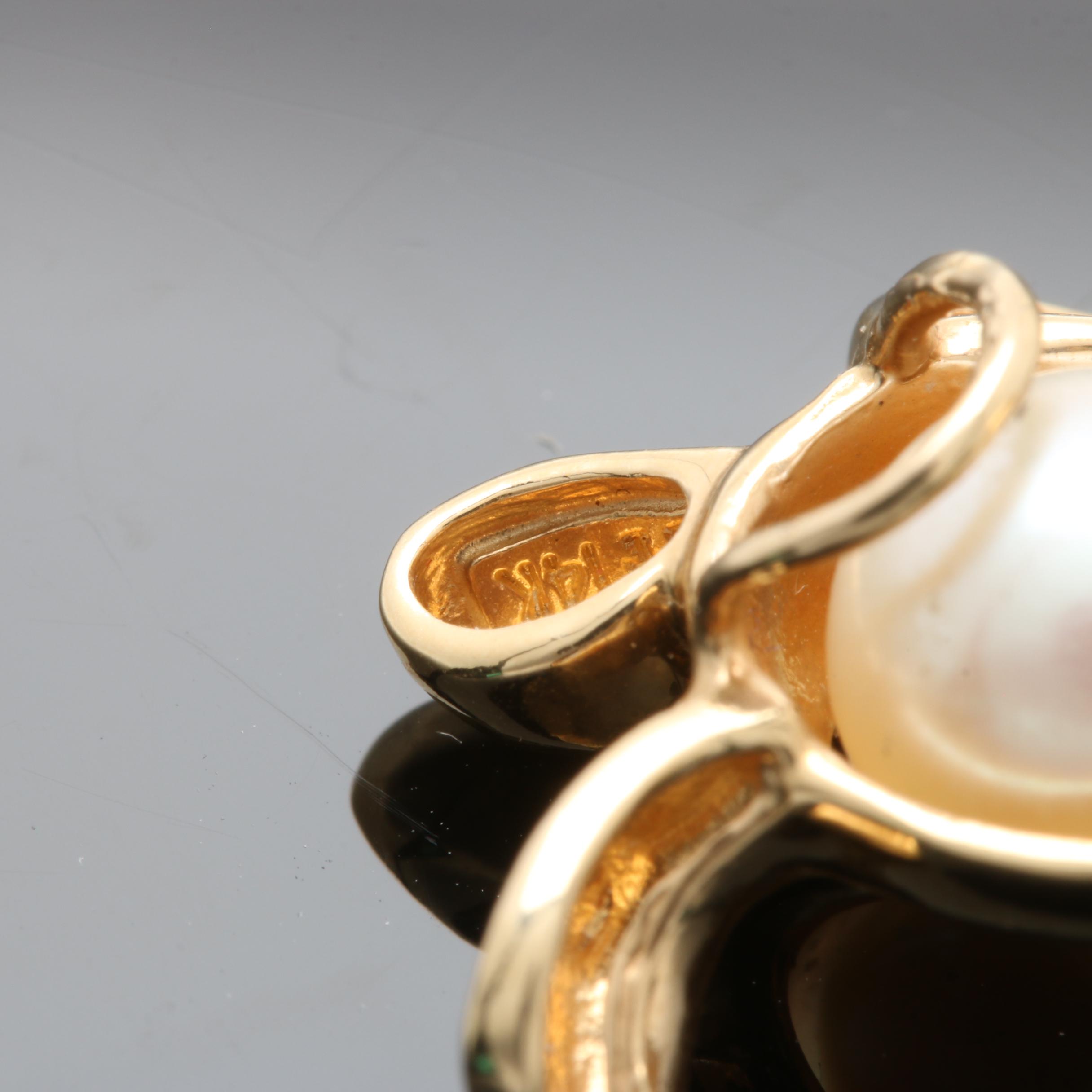 14K Yellow Gold Cultured Pearl Sea Turtle Slide Pendant