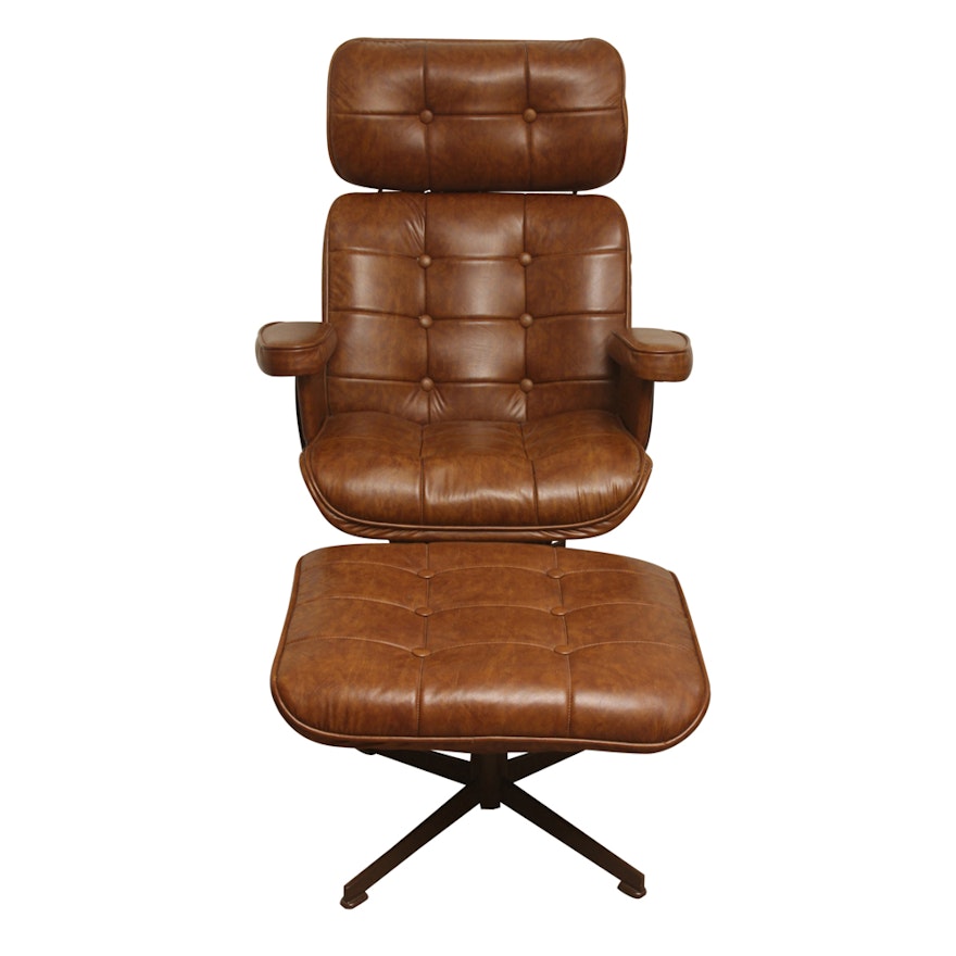 Mid Century Modern Brown Vinyl Reclining Chair and Ottoman