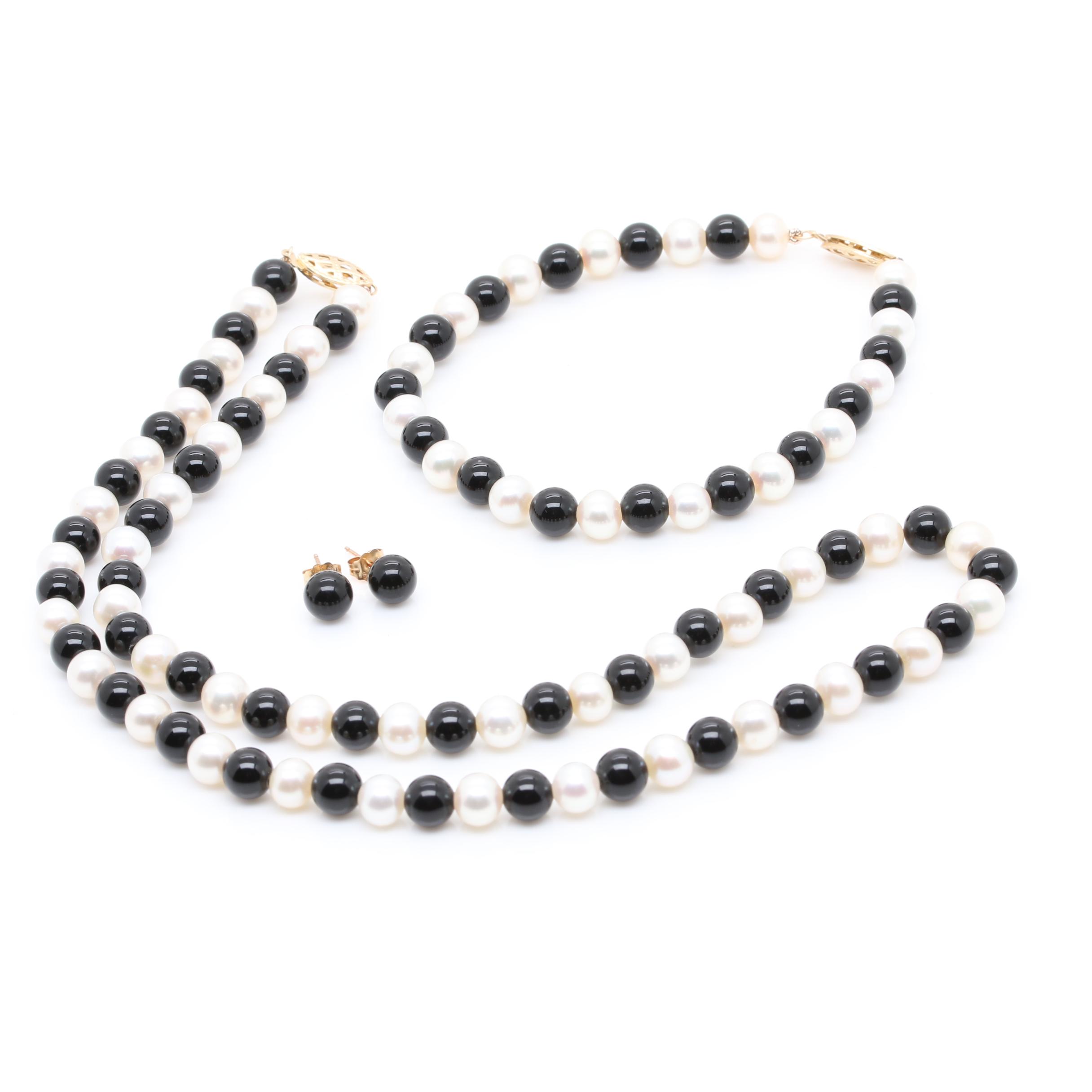 10K and 14K Yellow Gold Black Onyx and Cultured Pearl Demi Parure