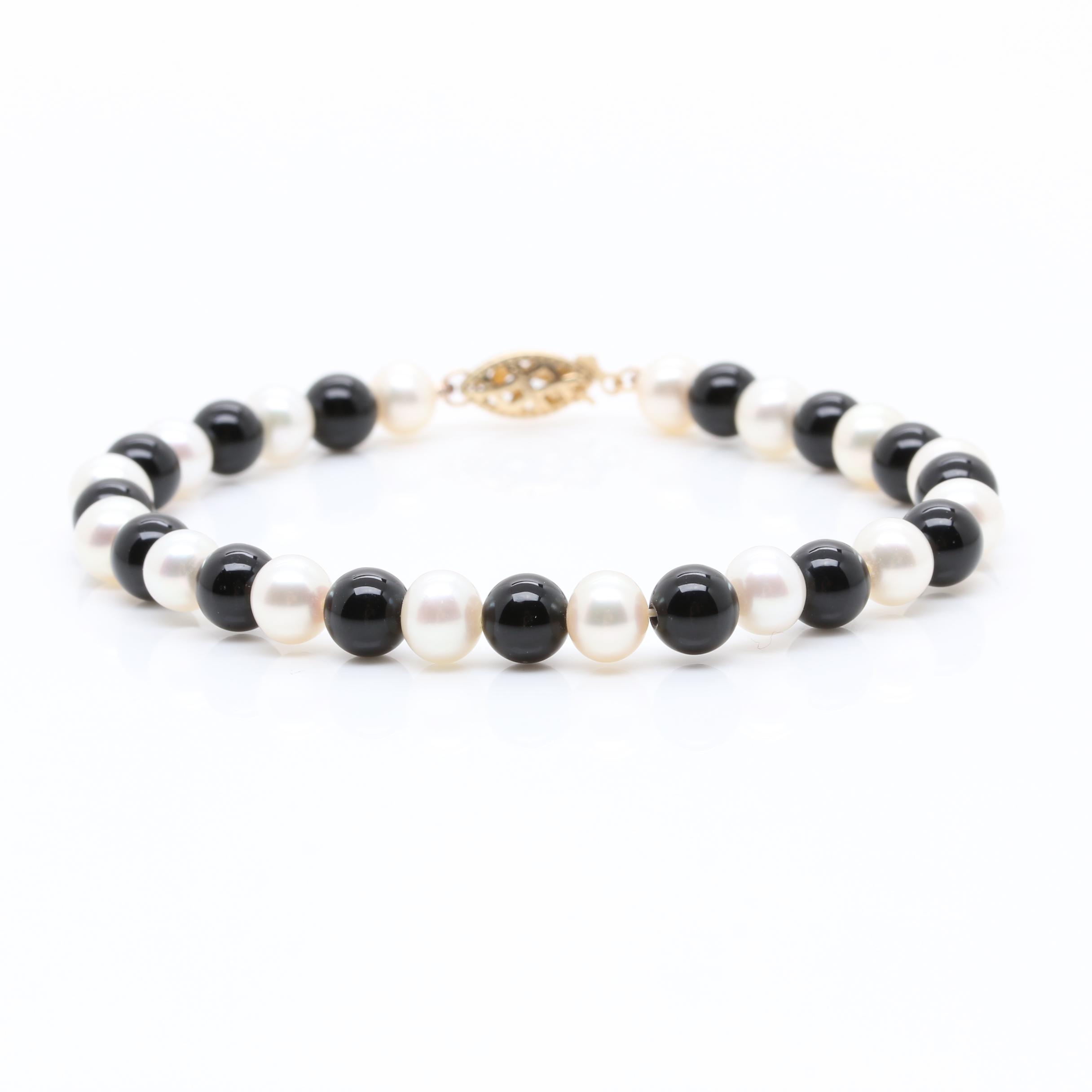10K and 14K Yellow Gold Black Onyx and Cultured Pearl Demi Parure