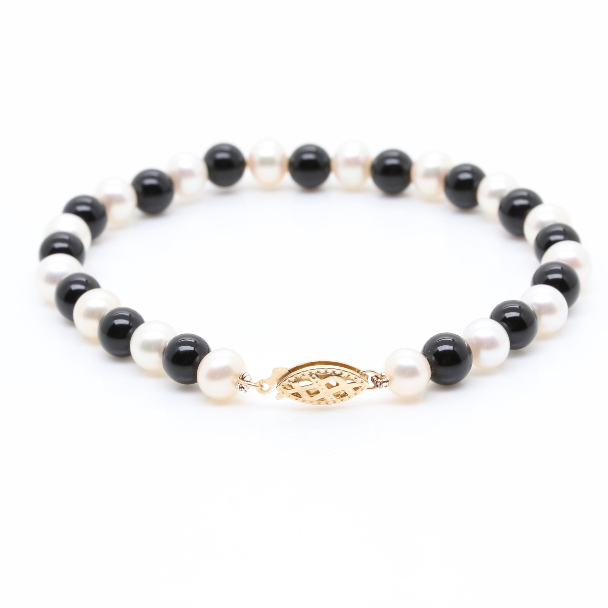 10K and 14K Yellow Gold Black Onyx and Cultured Pearl Demi Parure