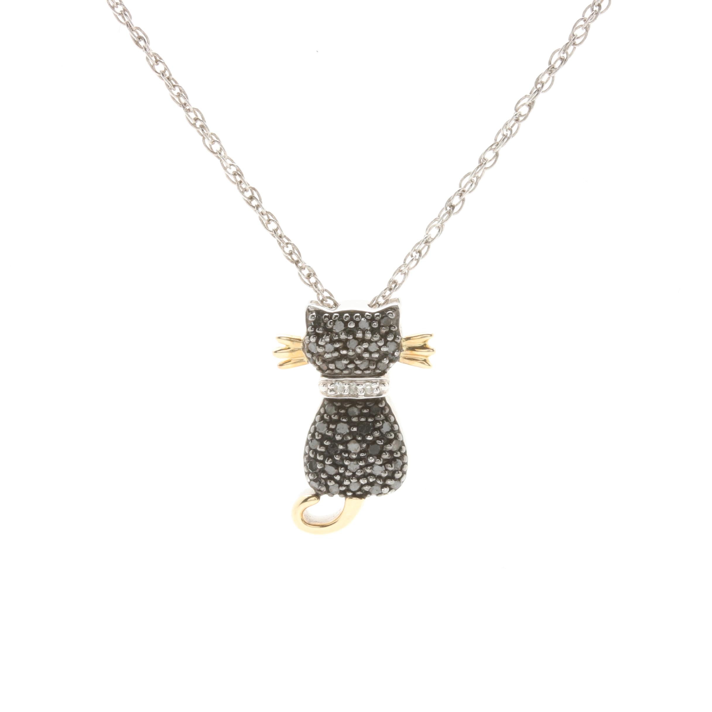 Sterling Silver and 14K Yellow Gold Diamond Cat Pendant Necklace