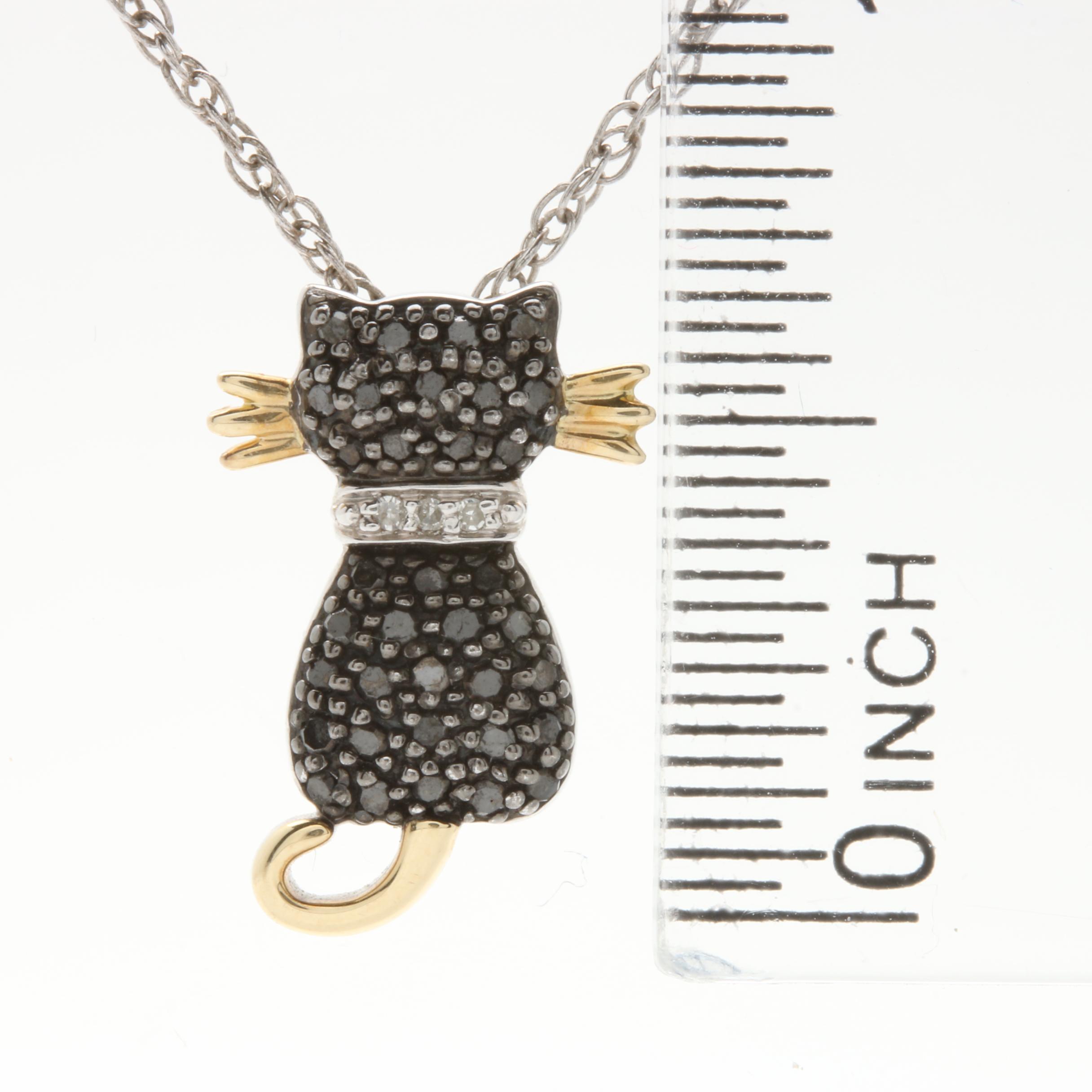 Sterling Silver and 14K Yellow Gold Diamond Cat Pendant Necklace
