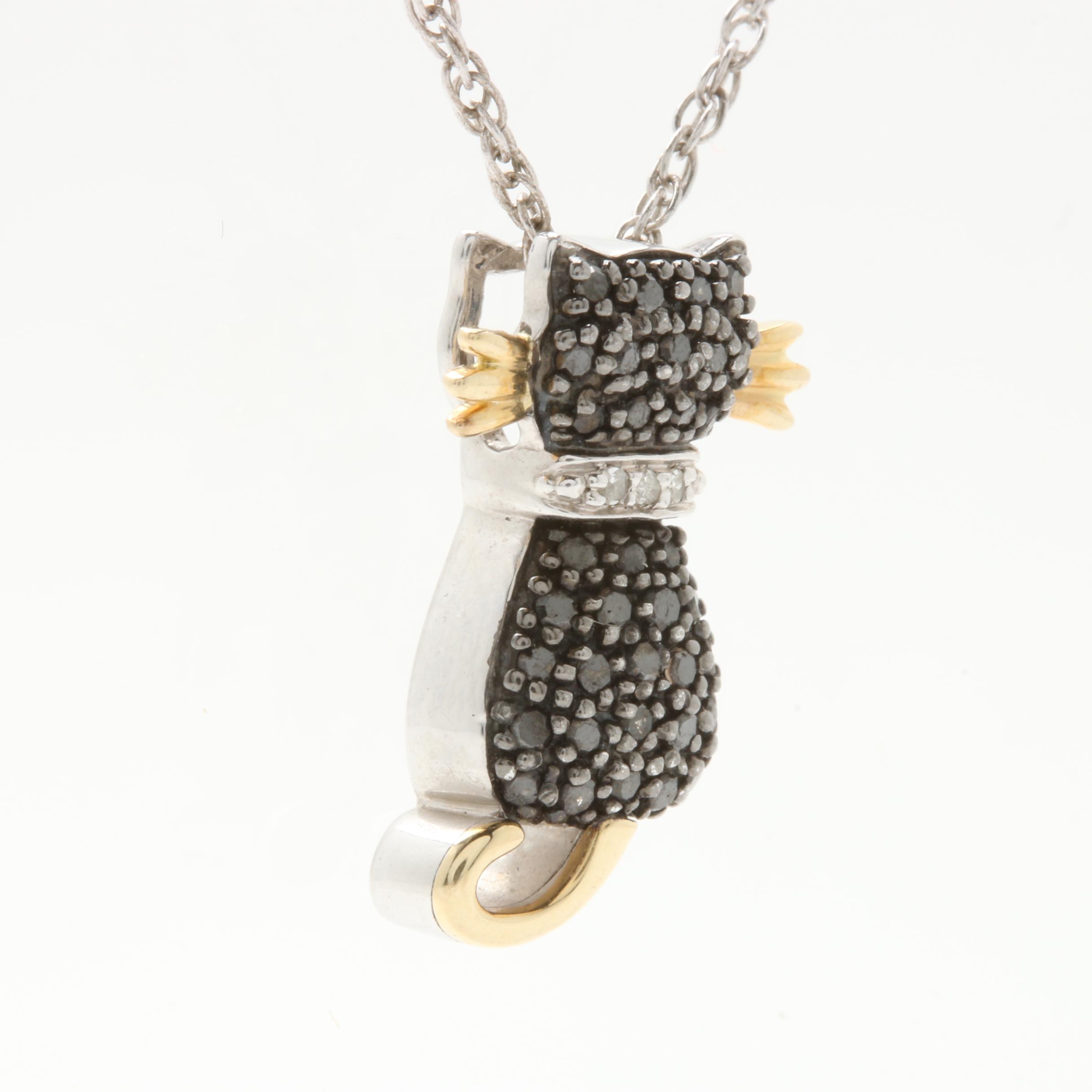 Sterling Silver and 14K Yellow Gold Diamond Cat Pendant Necklace